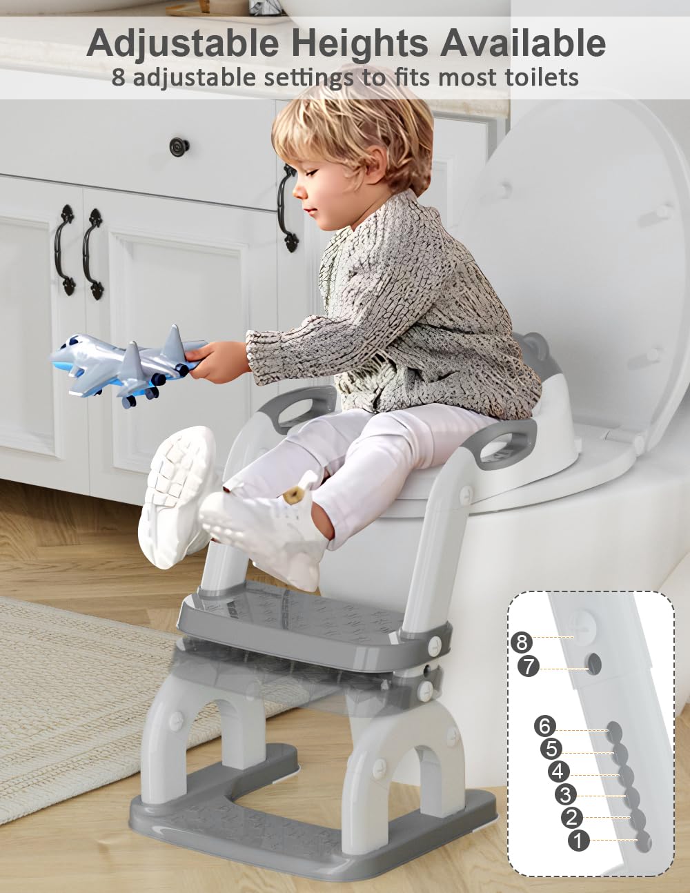 Koyosnier potty seat adjustable height shows eight-position setup for growth.