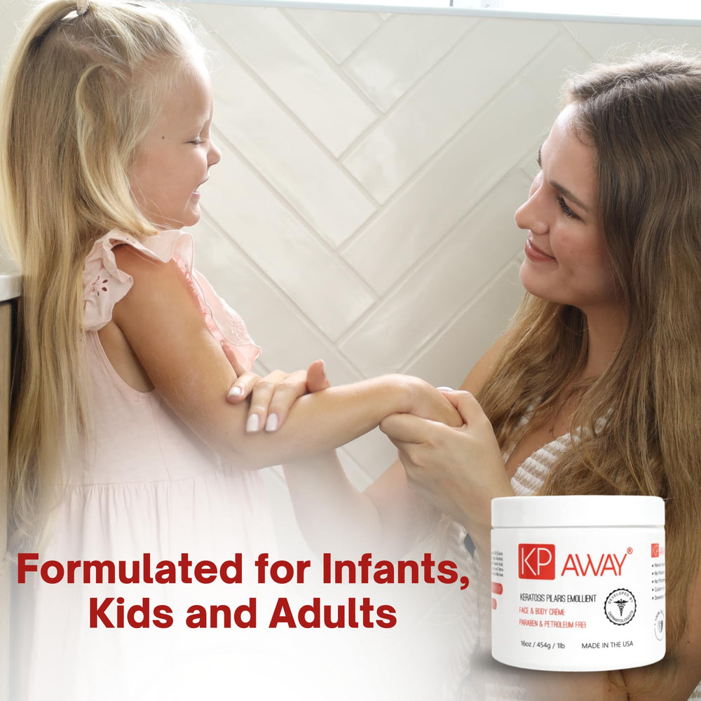 KPAWAY lotion bottle applying onto elbow to soothe dry, bumpy skin.
