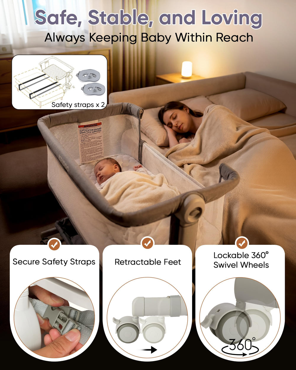 KRIDDO 2-in-1 demonstrates six-height levels for flexible bedside positioning