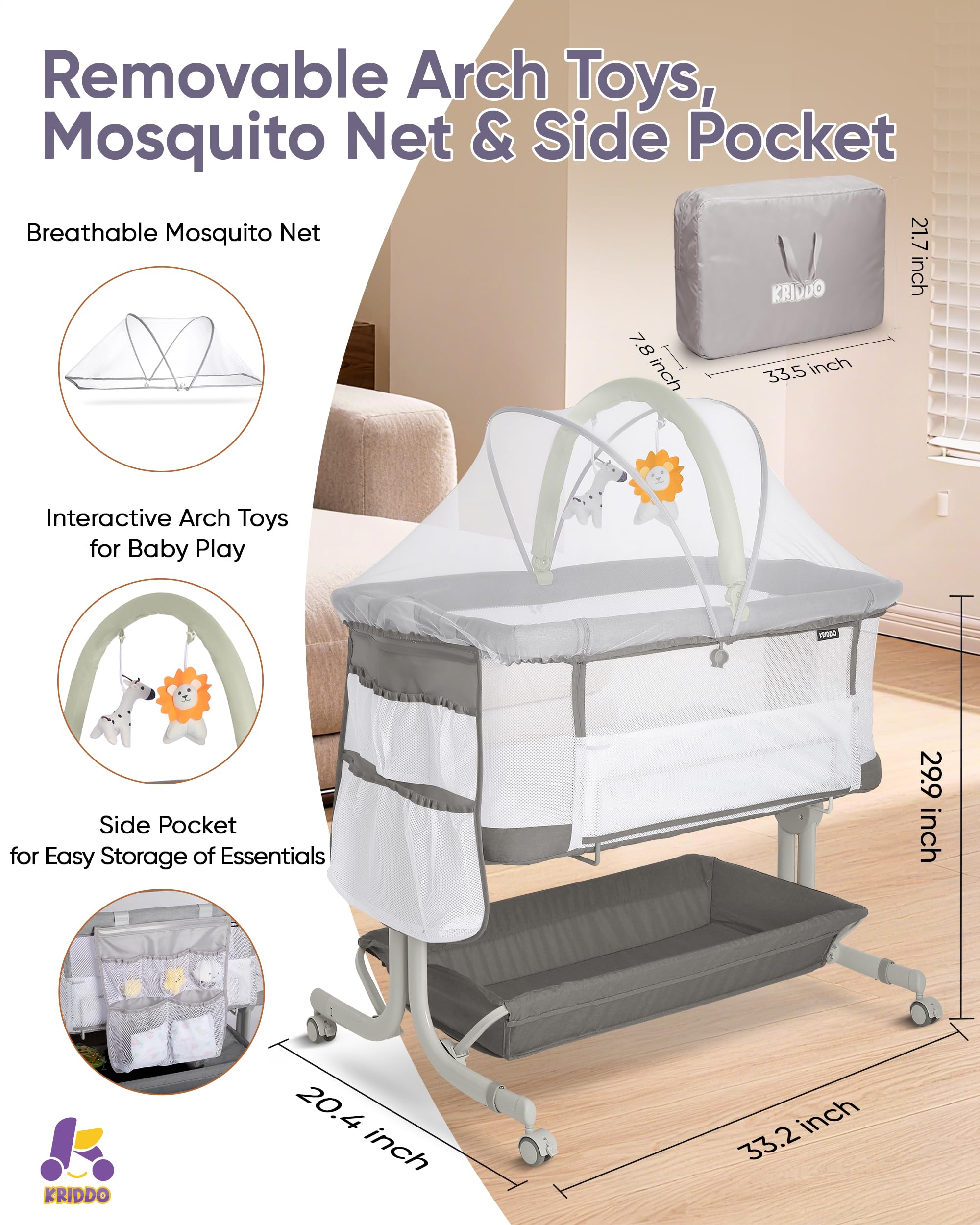 KRIDDO bassinet features a detachable mosquito net for on-the-go protection