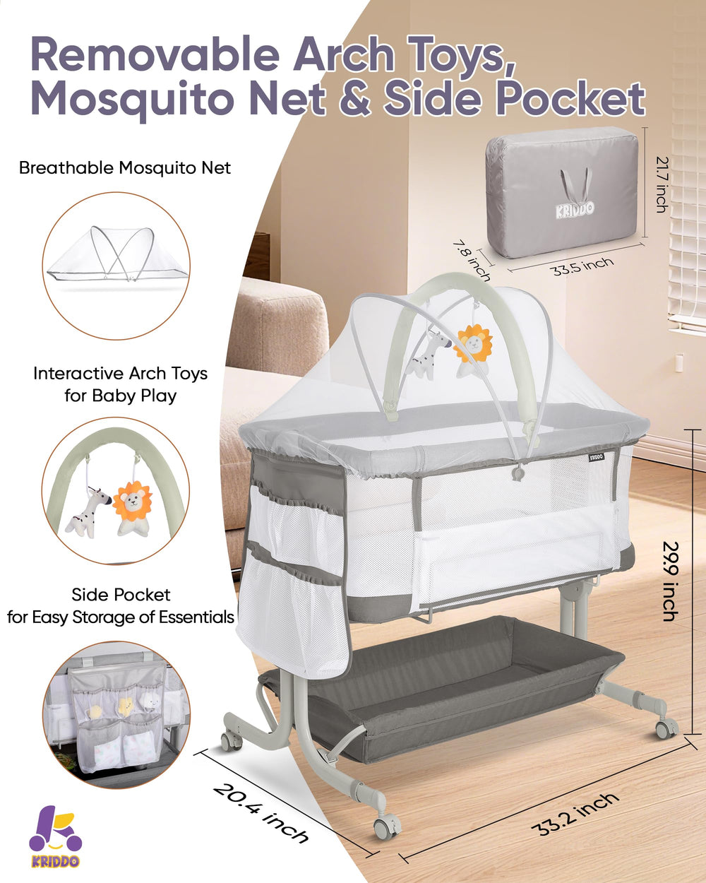 KRIDDO bassinet features a detachable mosquito net for on-the-go protection