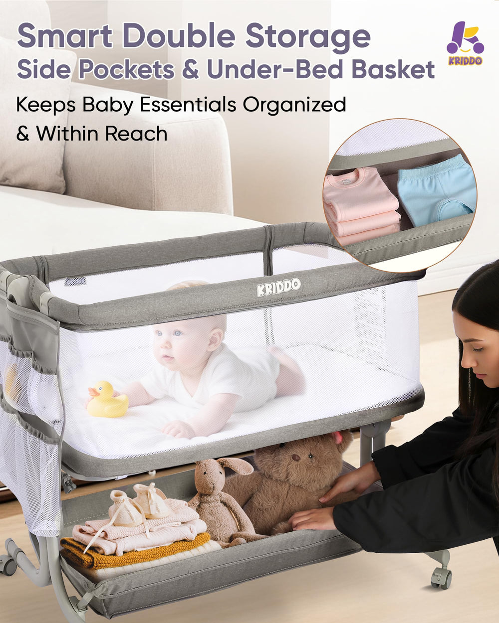KRIDDO spacious under-bassinet storage basket keeps essentials within reach