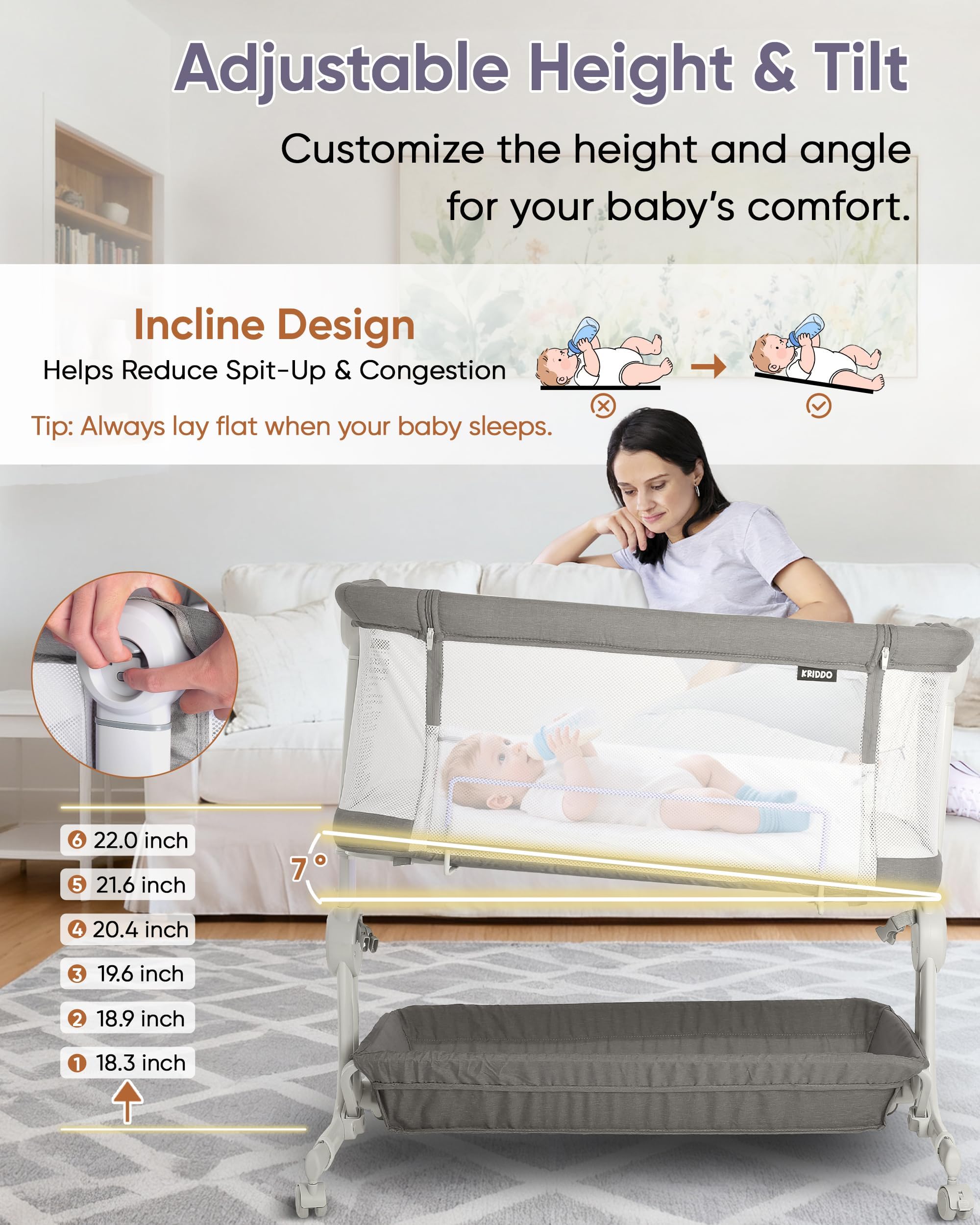 KRIDDO bassinet includes four lockable wheels for stable bedside placement