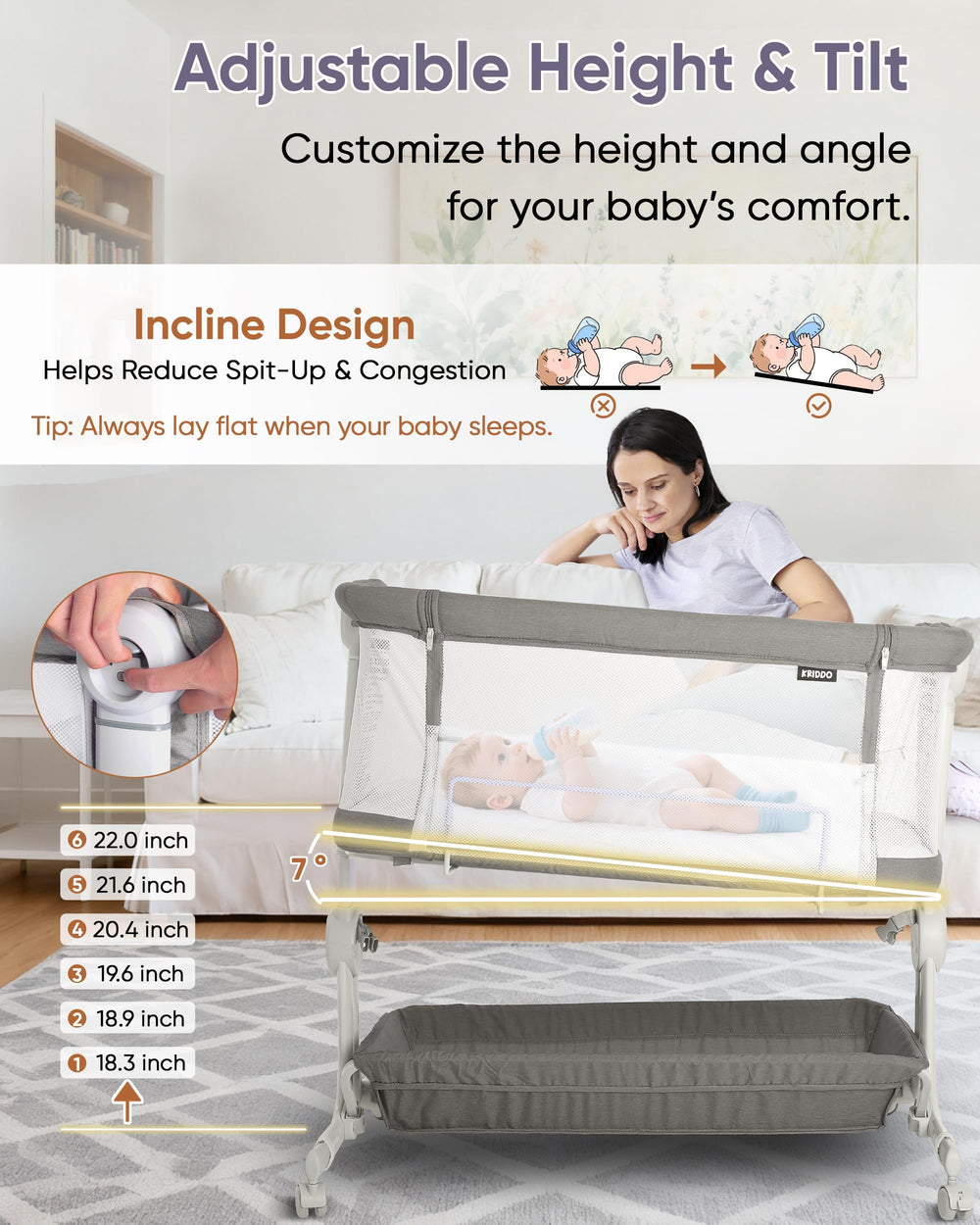 KRIDDO bassinet includes four lockable wheels for stable bedside placement