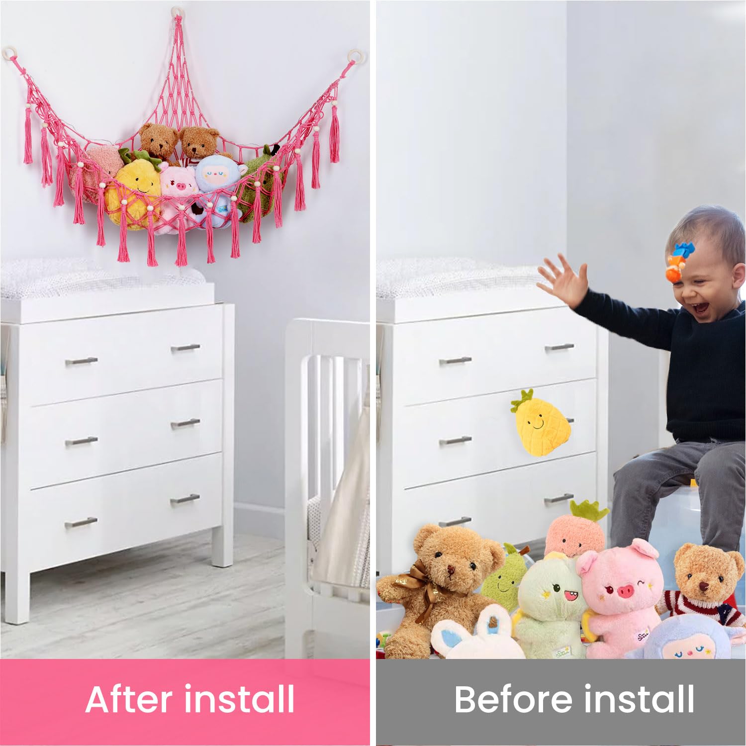 Krislait corner storage saves floor space while brightening the nursery