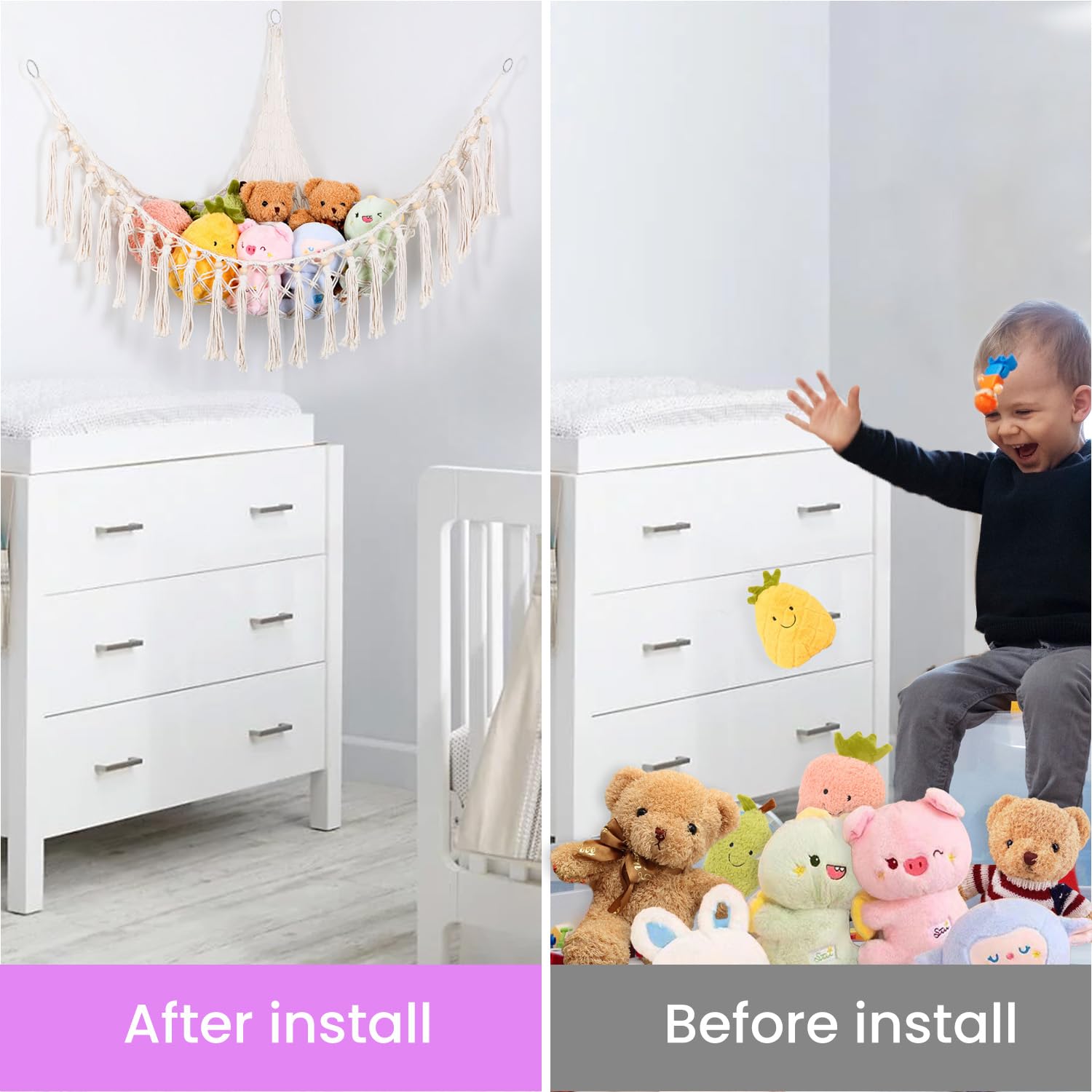 Krislait hammock stores dozens of stuffed animals for easy organization.