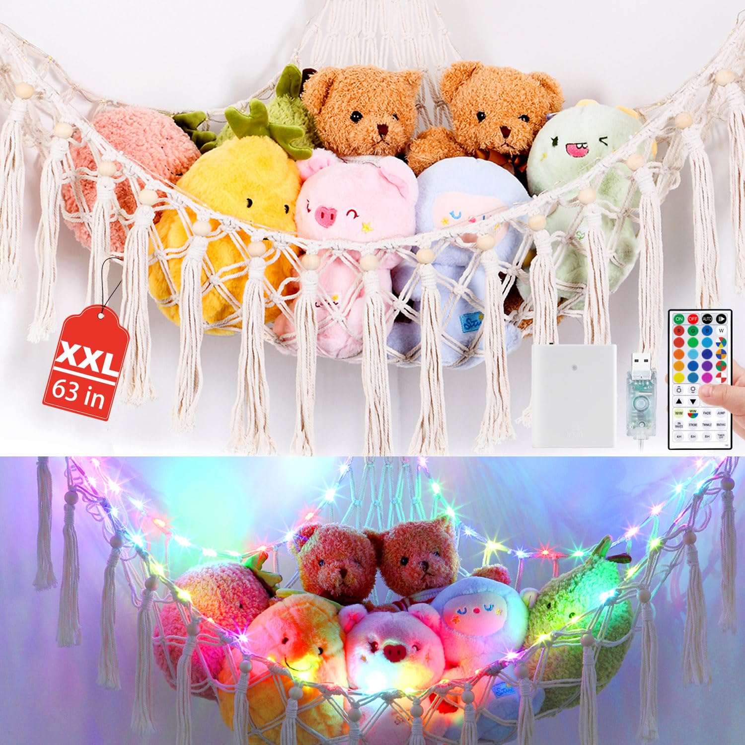 Krislait stuffed animal hammock in a corner shows space-saving toy storage.