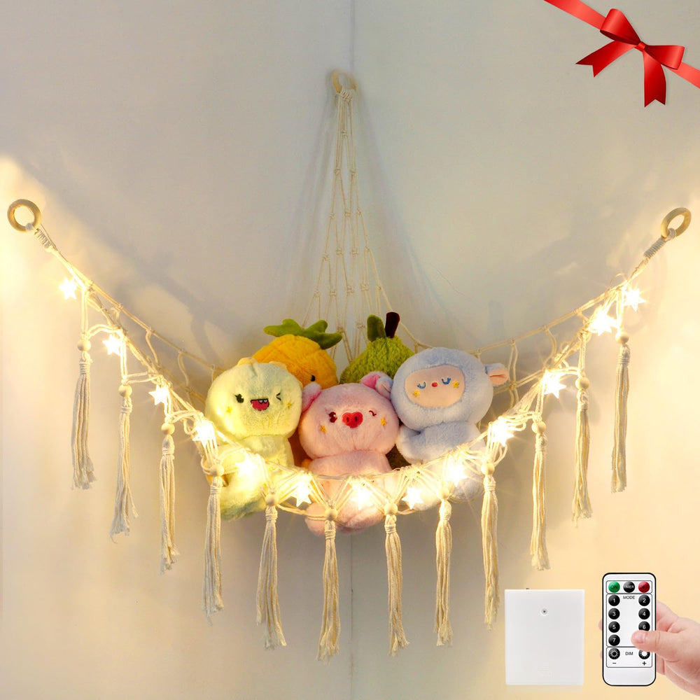 Krislait stuffed animal hammock front view with lights showing organized toy storage.