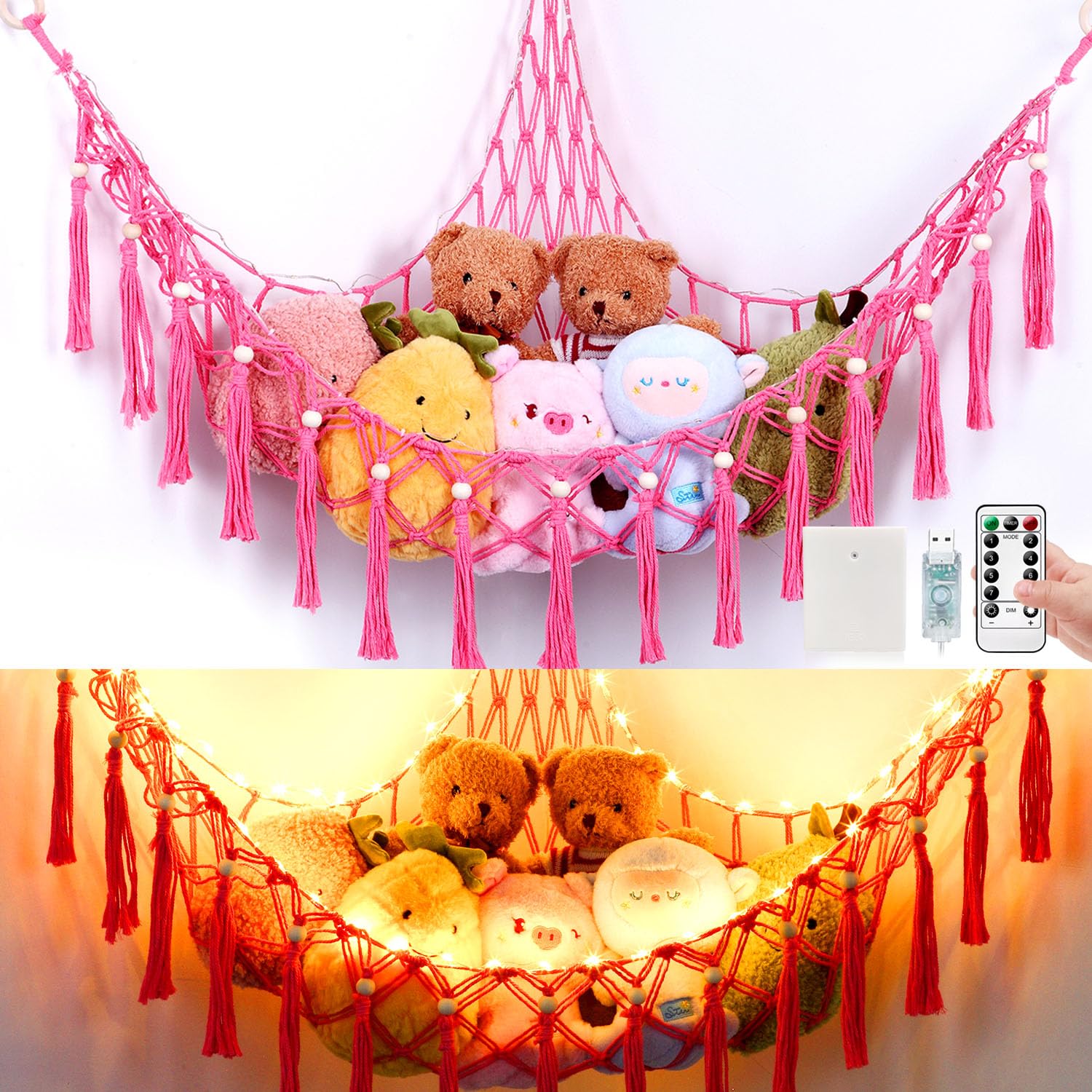 Krislait stuffed animal hammock in hot pink for organized toy storage and display