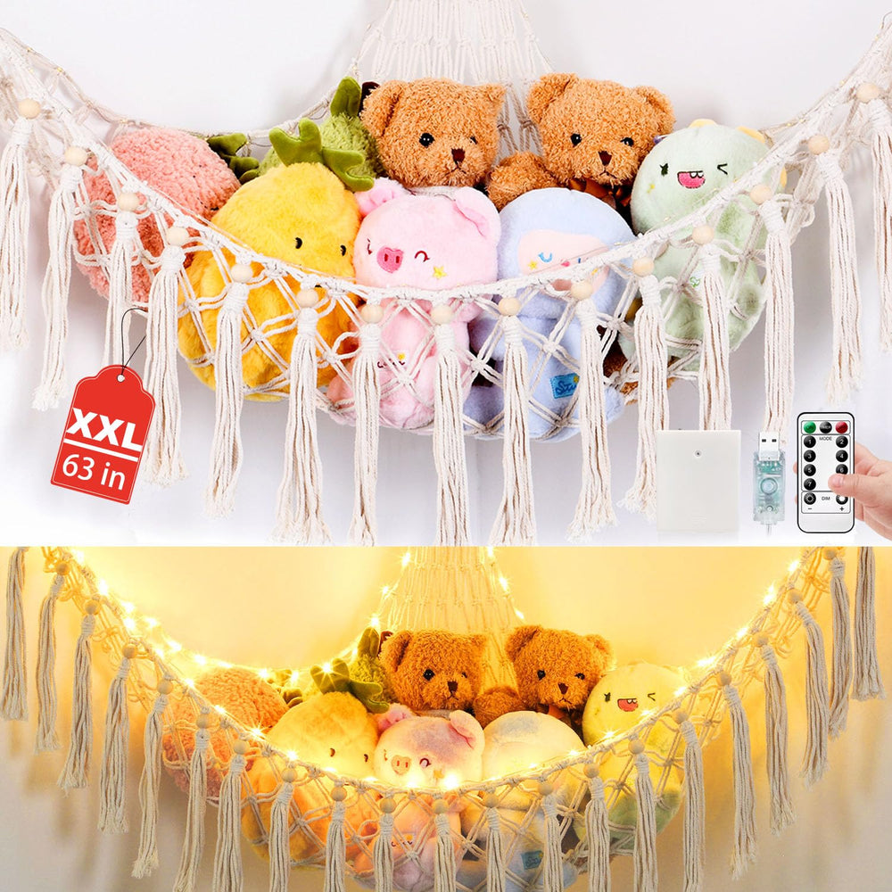 Krislait XXL stuffed animal hammock setup shows space-saving corner storage.