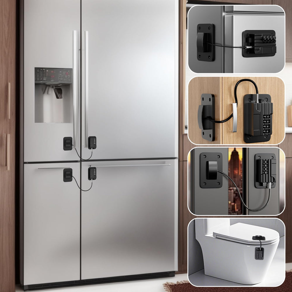 KRYVLEXA fridge lock durable design image showcases sturdy construction against pulling and tugging.
