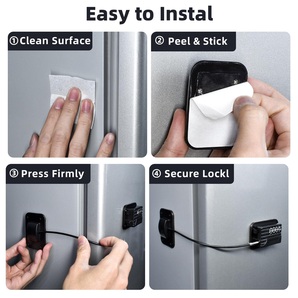 KRYVLEXA fridge lock universal fit image shows compatibility with refrigerators, freezers, and cabinets.