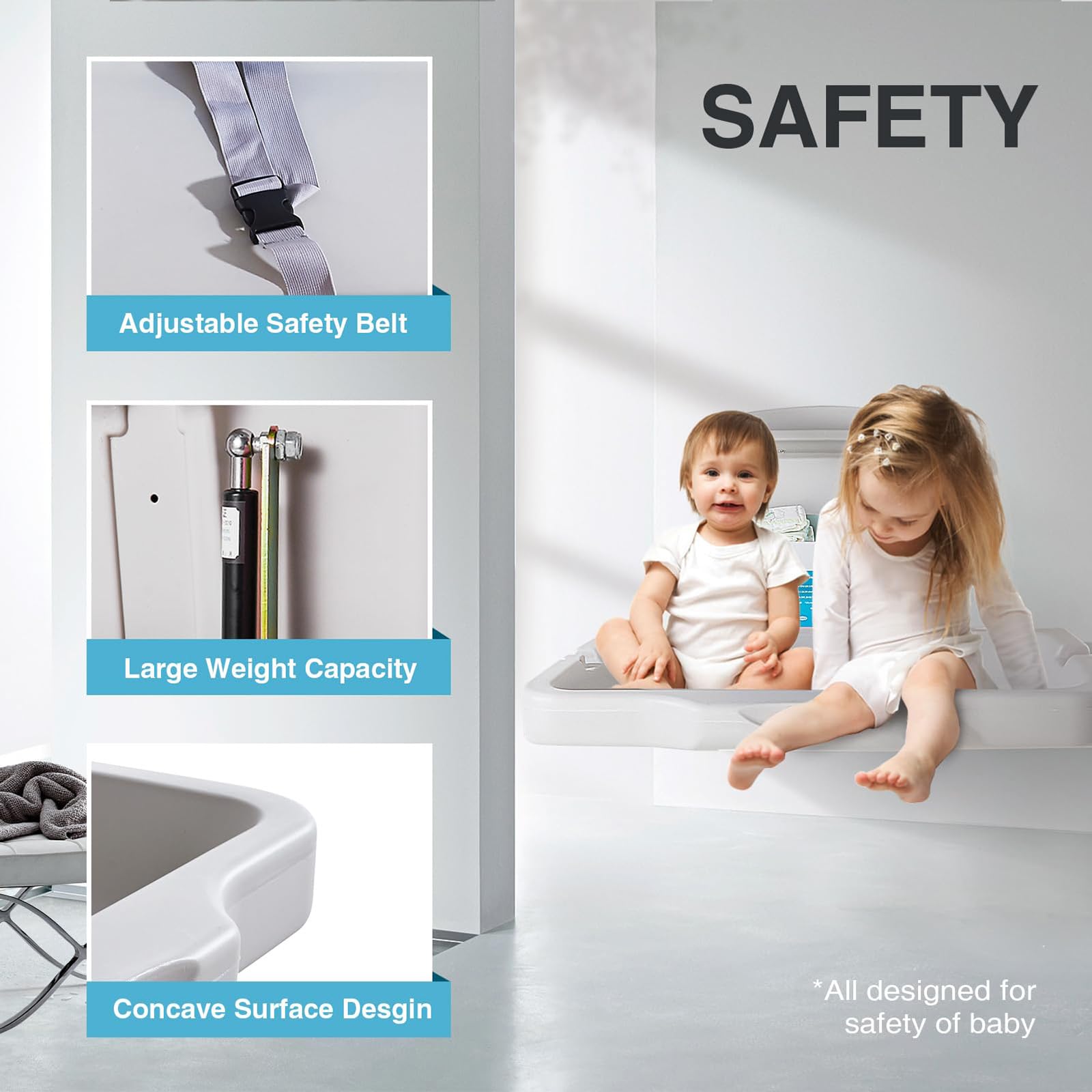 KSITEX adjustable-height-wall-mount adapts to caregiver height for comfortable changes.