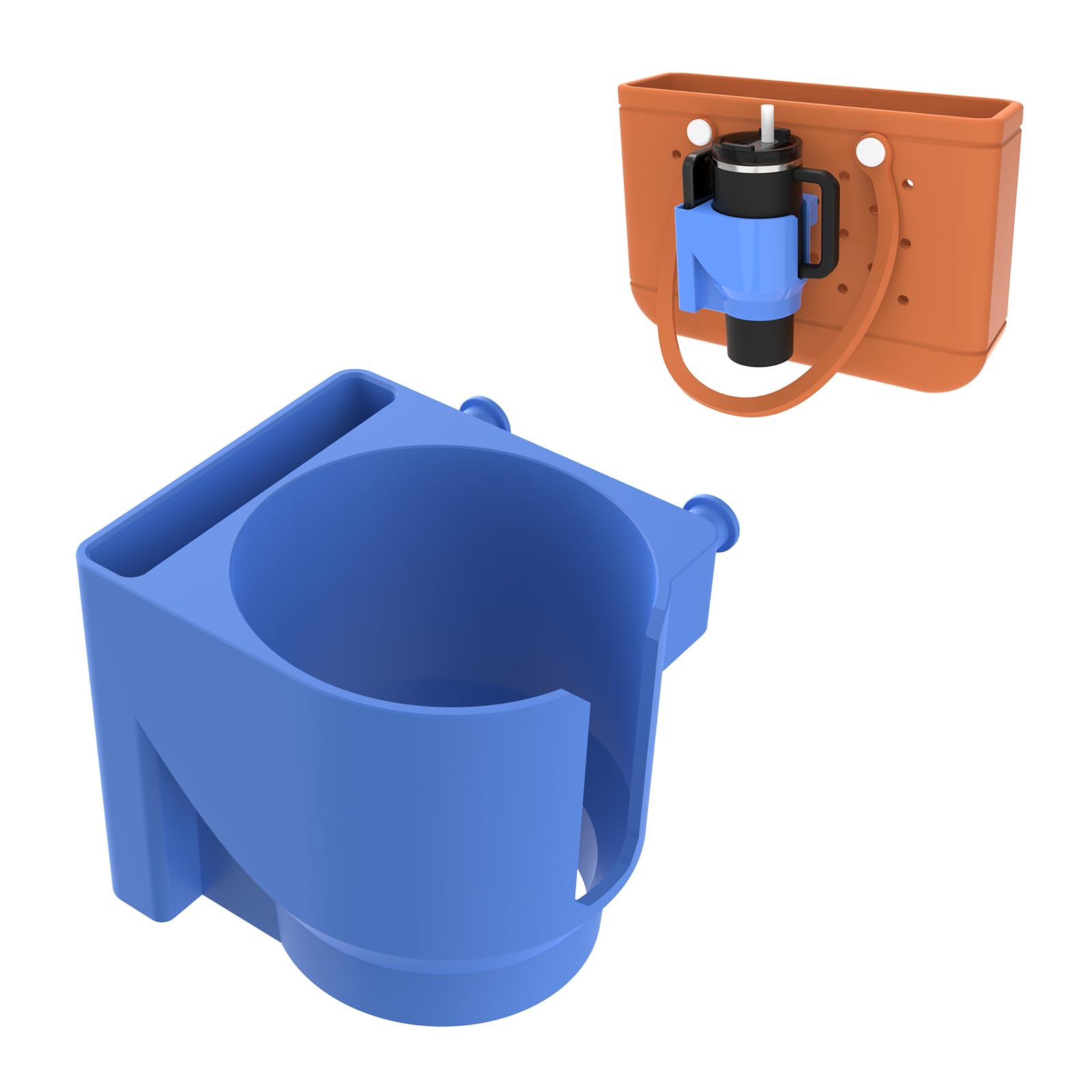 K TOMOTO 2-in-1 cup holder on blue Bogg Bag keeps drinks within reach