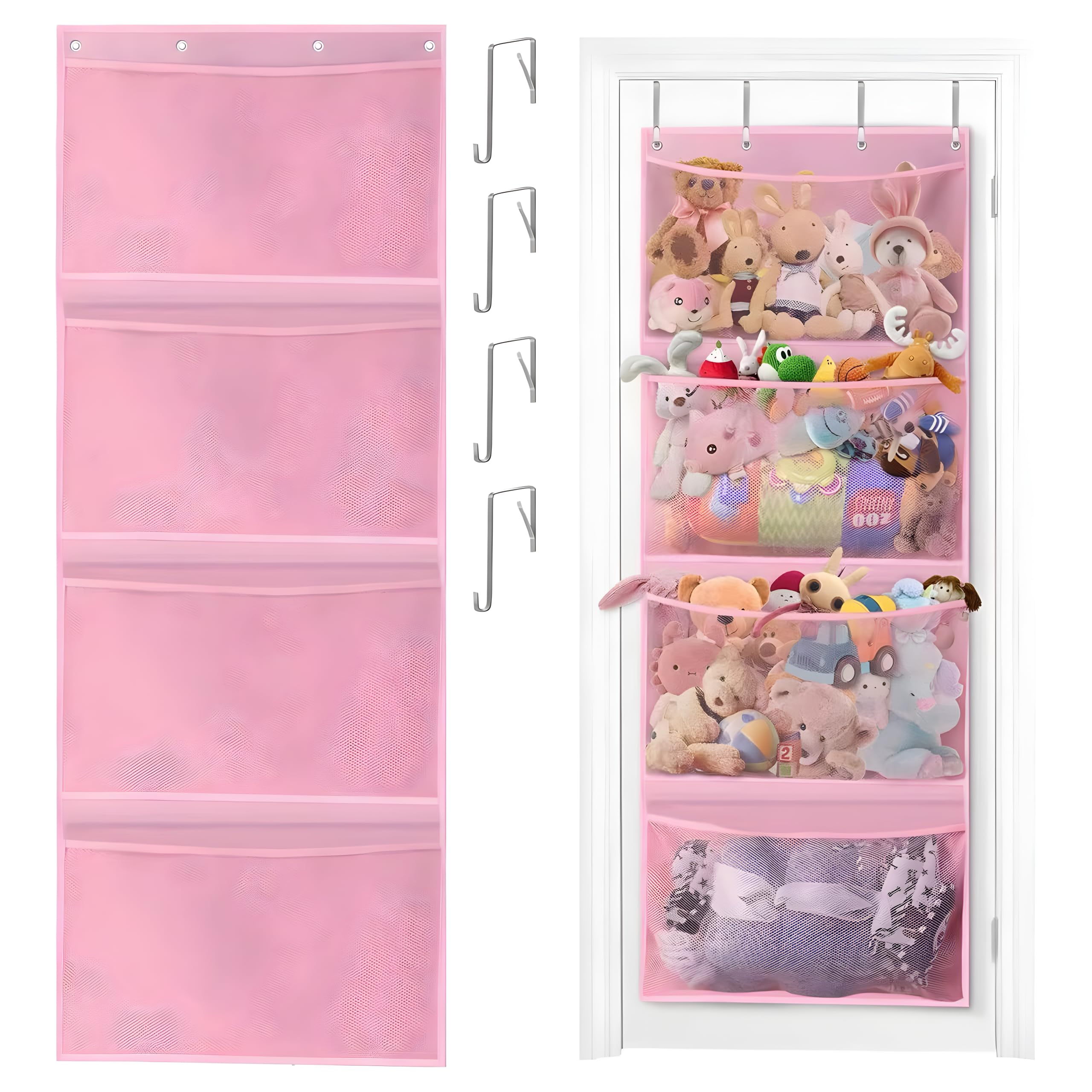 Kuaile over-the-door stuffed animal storage on pink organizer keeps toys neatly organized