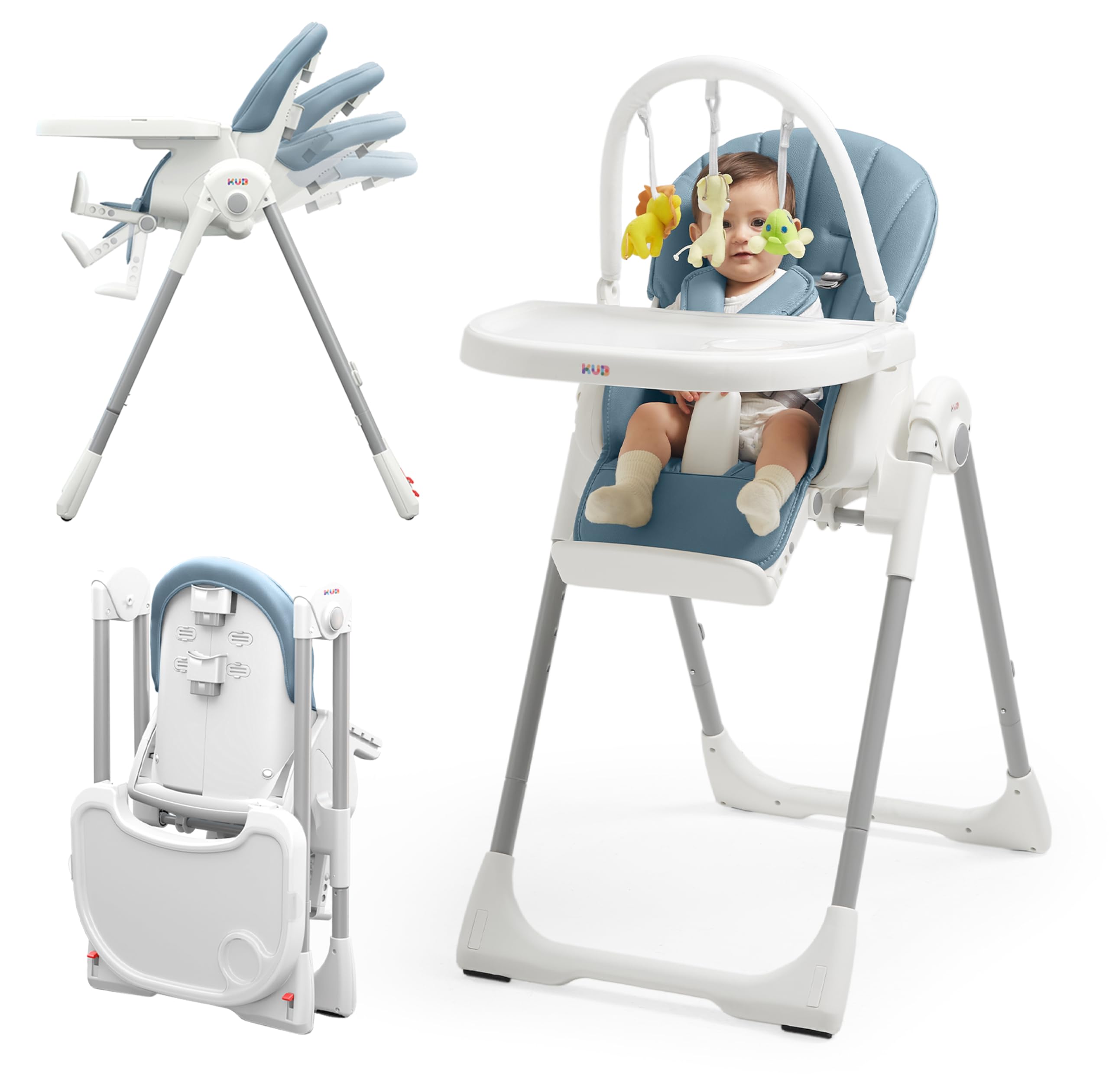 KÜB 3-in-1 foldable high chair blue folded for compact storage.