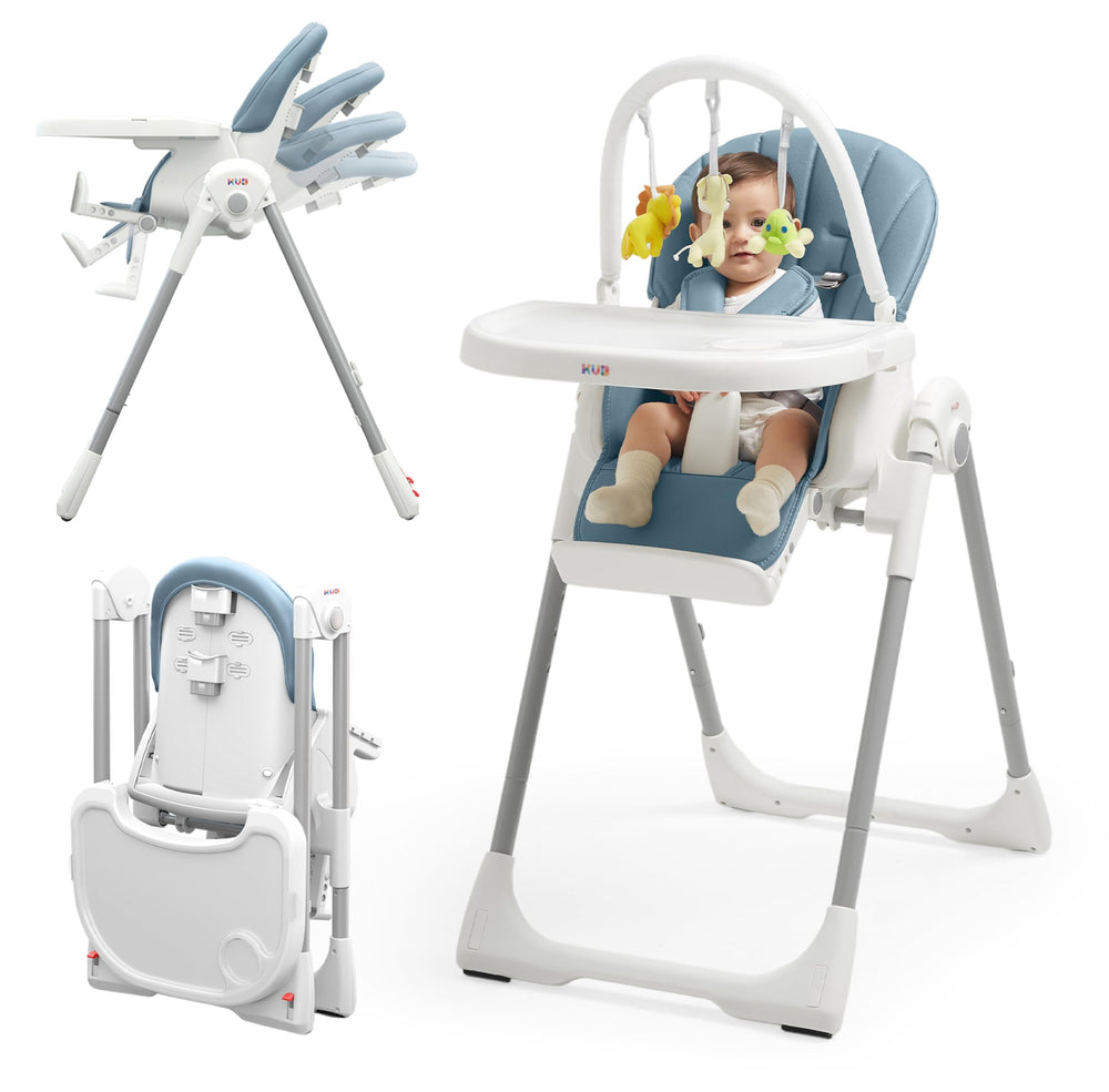 KÜB 3-in-1 foldable high chair blue folded for compact storage.