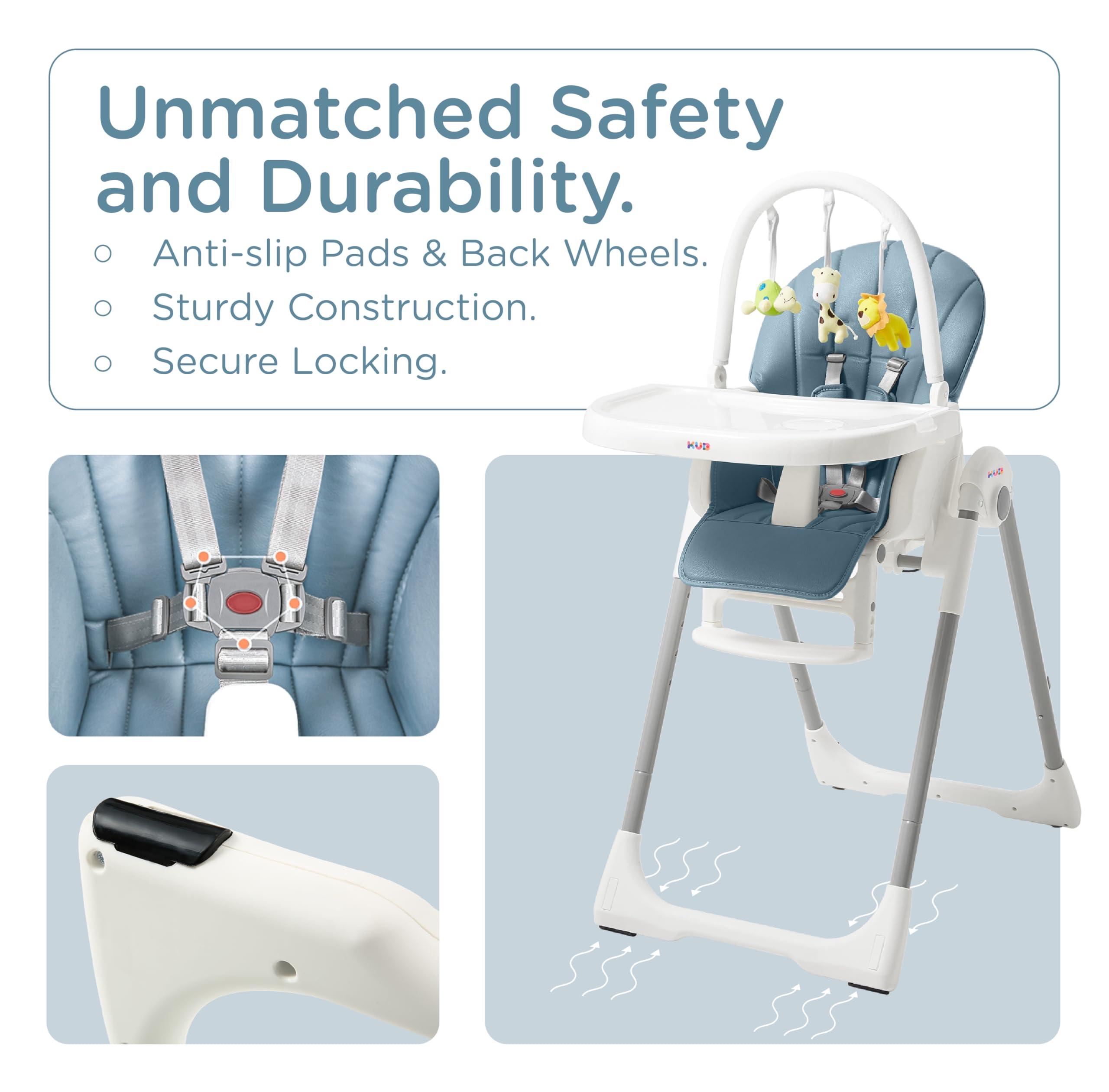 KÜB 3-in-1 foldable high chair blue four-position tilt for comfy feeding.