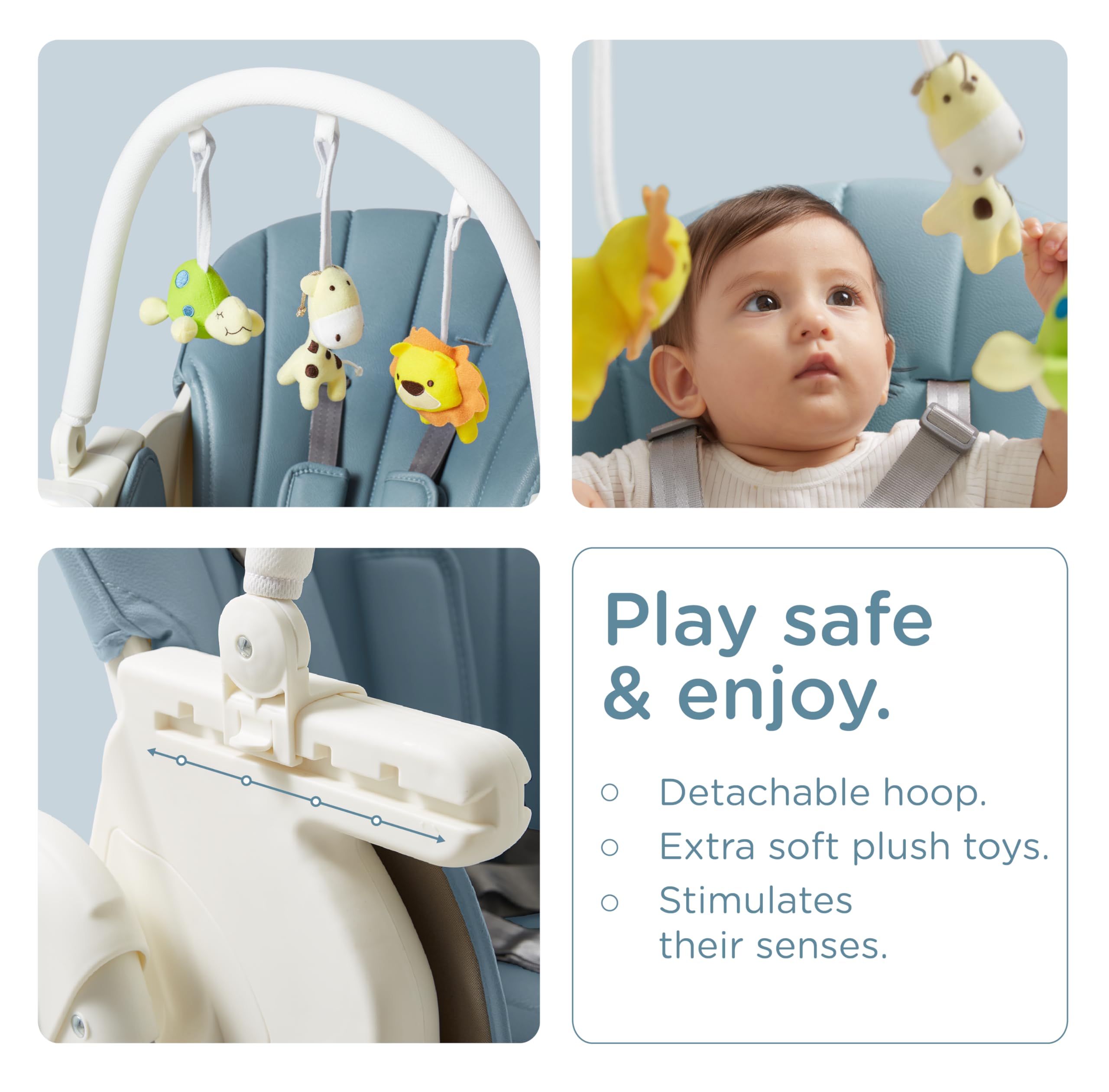 KÜB 3-in-1 foldable high chair blue toy arch for engaging play moments.