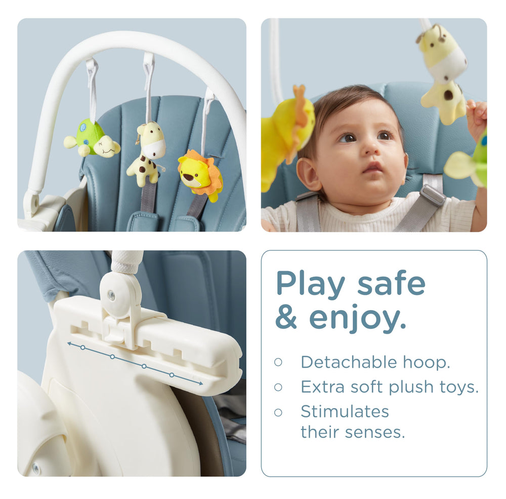 KÜB 3-in-1 foldable high chair blue toy arch for engaging play moments.