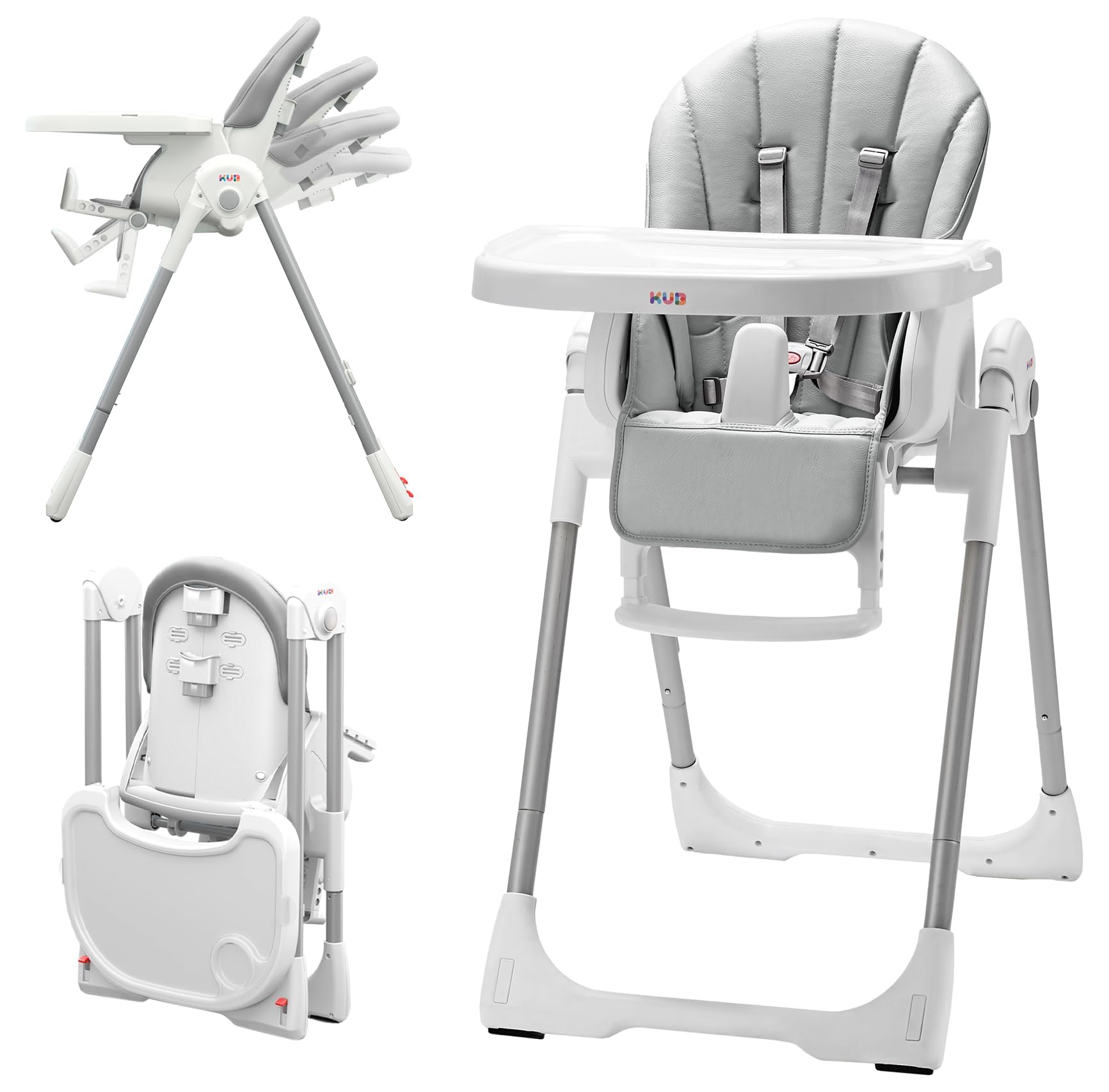 KÜB 3-in-1 foldable high chair grey front view shows sturdy frame for safe family meals