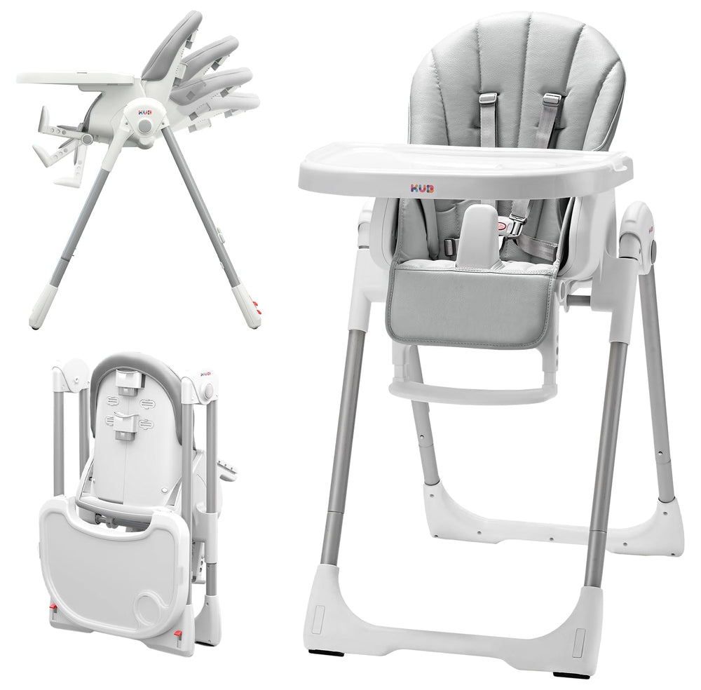KÜB 3-in-1 foldable high chair grey front view shows sturdy frame for safe family meals