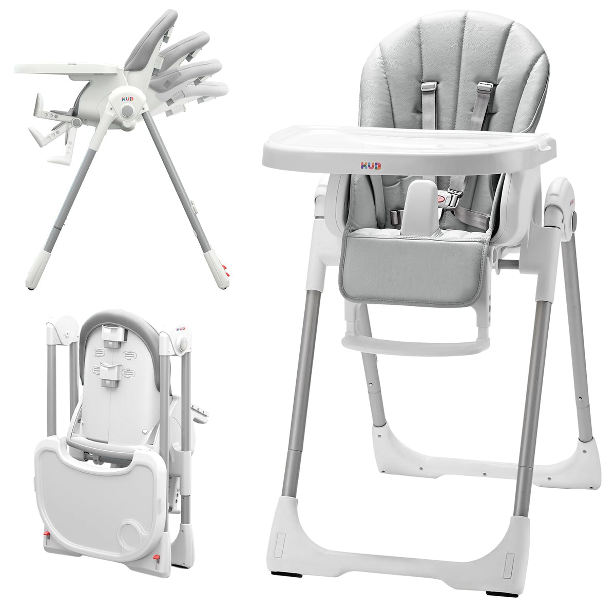 KÜB 3-in-1 foldable high chair grey front view shows sturdy frame for safe family meals
