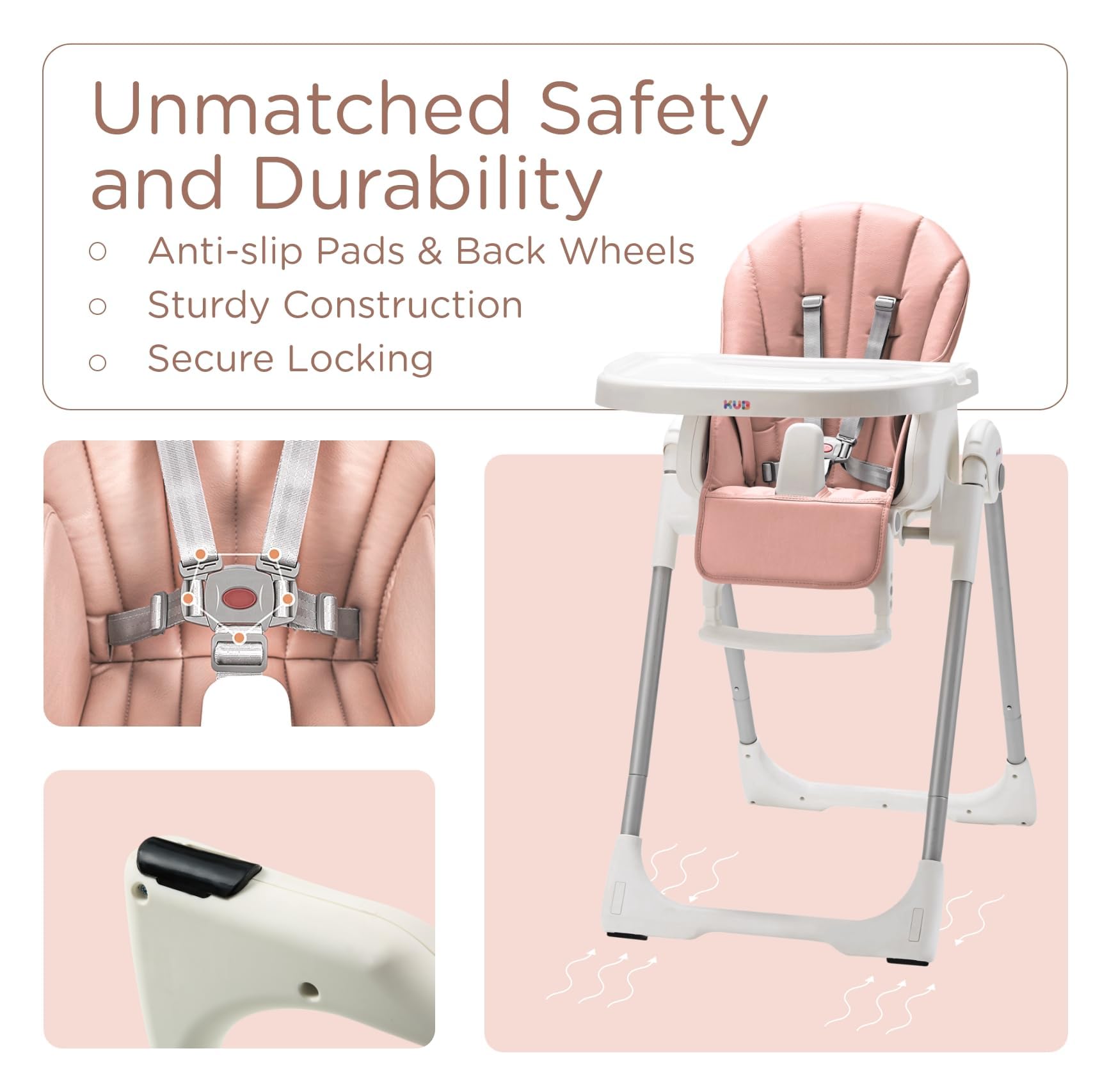 KÜB 3-in-1 foldable high chair two locking wheels for easy movement.