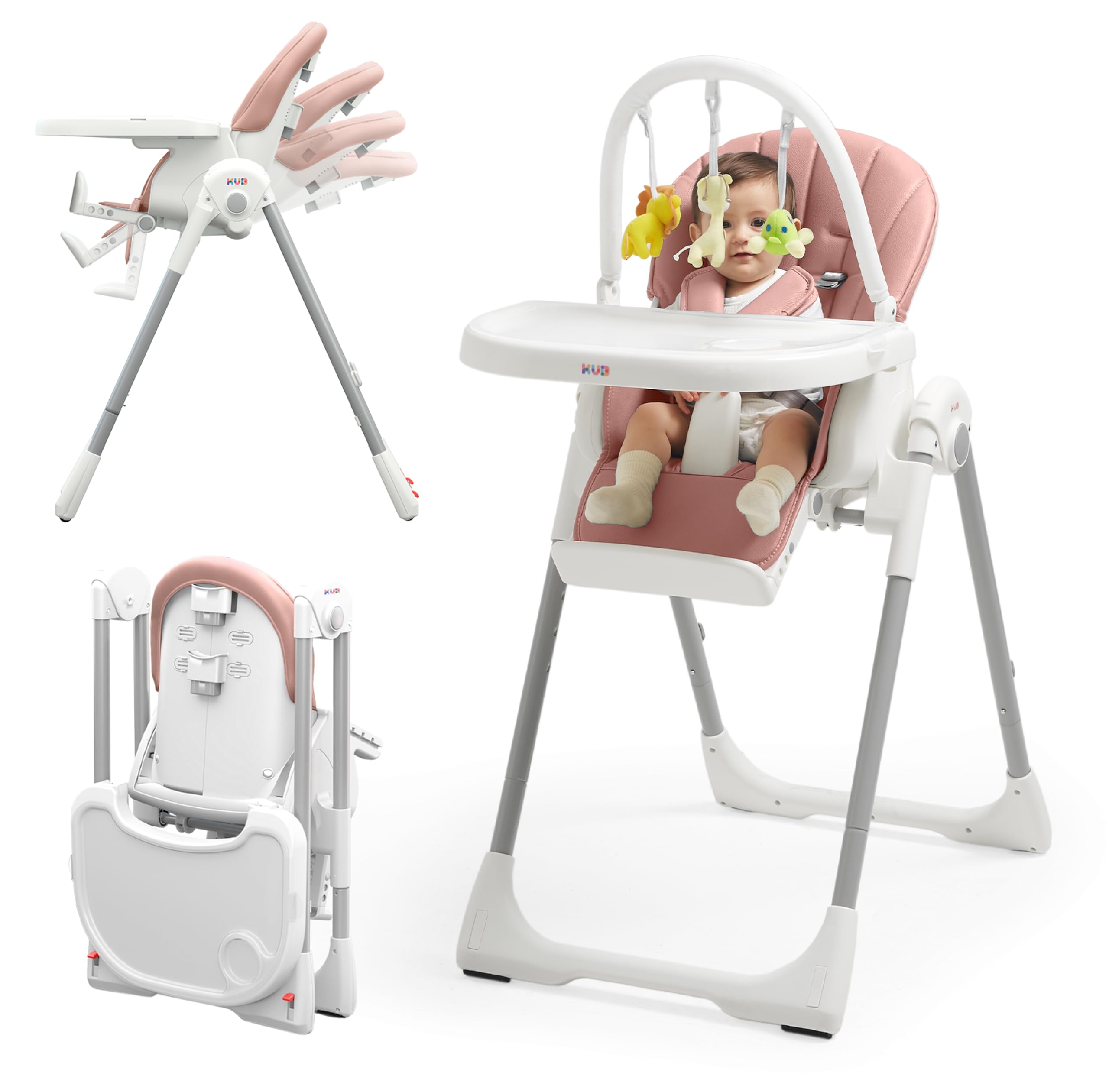 KUB 3-in-1 foldable high chair pink front view shows space-saving design.