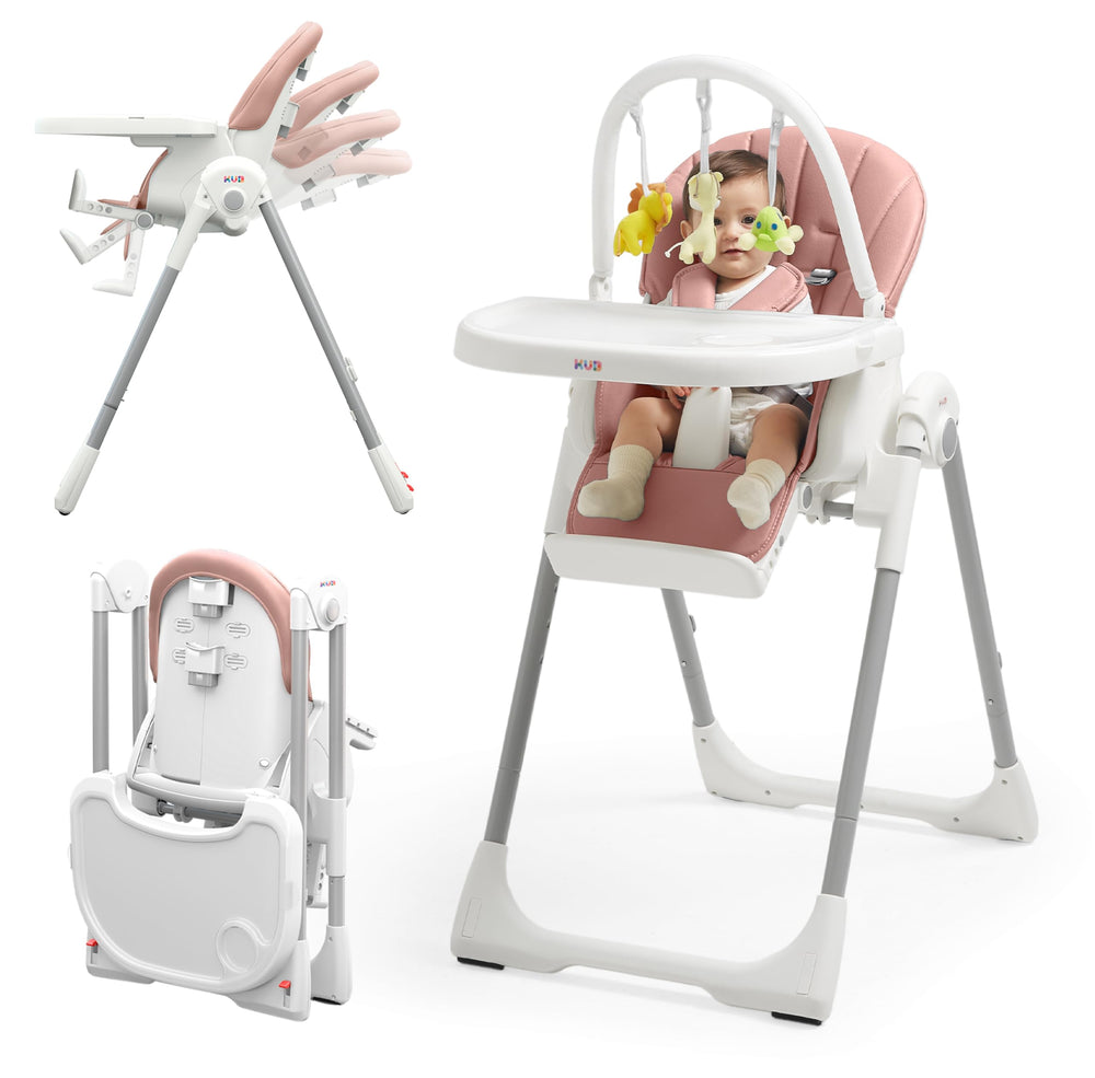 KUB 3-in-1 foldable high chair pink front view shows space-saving design.
