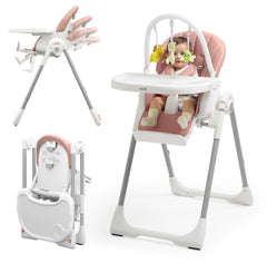 KUB 3-in-1 foldable high chair pink front view shows space-saving design.