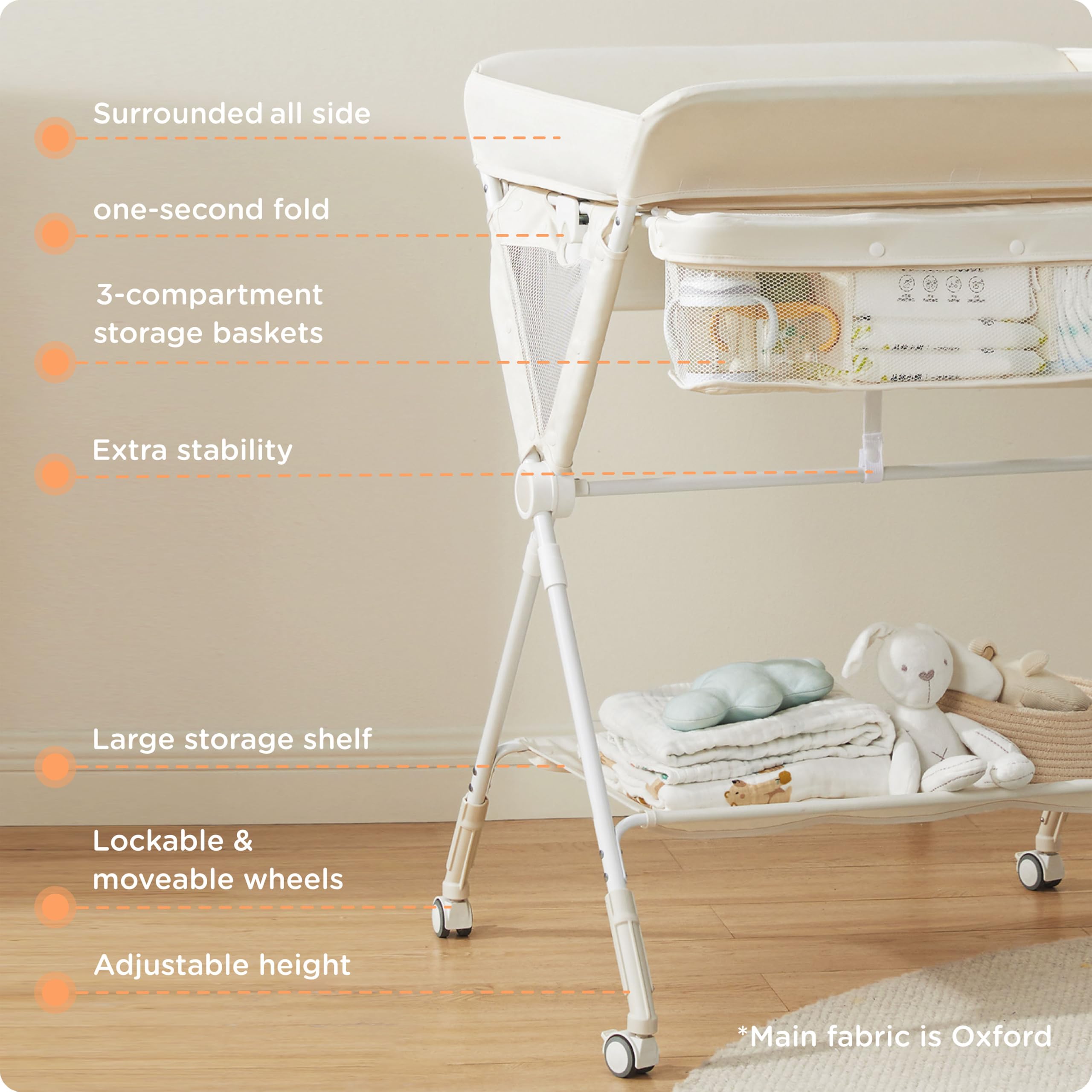 KUB diaper changing table storage shelves keep diapers and wipes within easy reach.