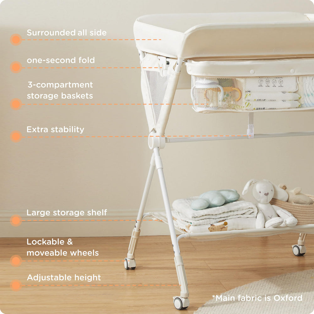 KUB diaper changing table storage shelves keep diapers and wipes within easy reach.