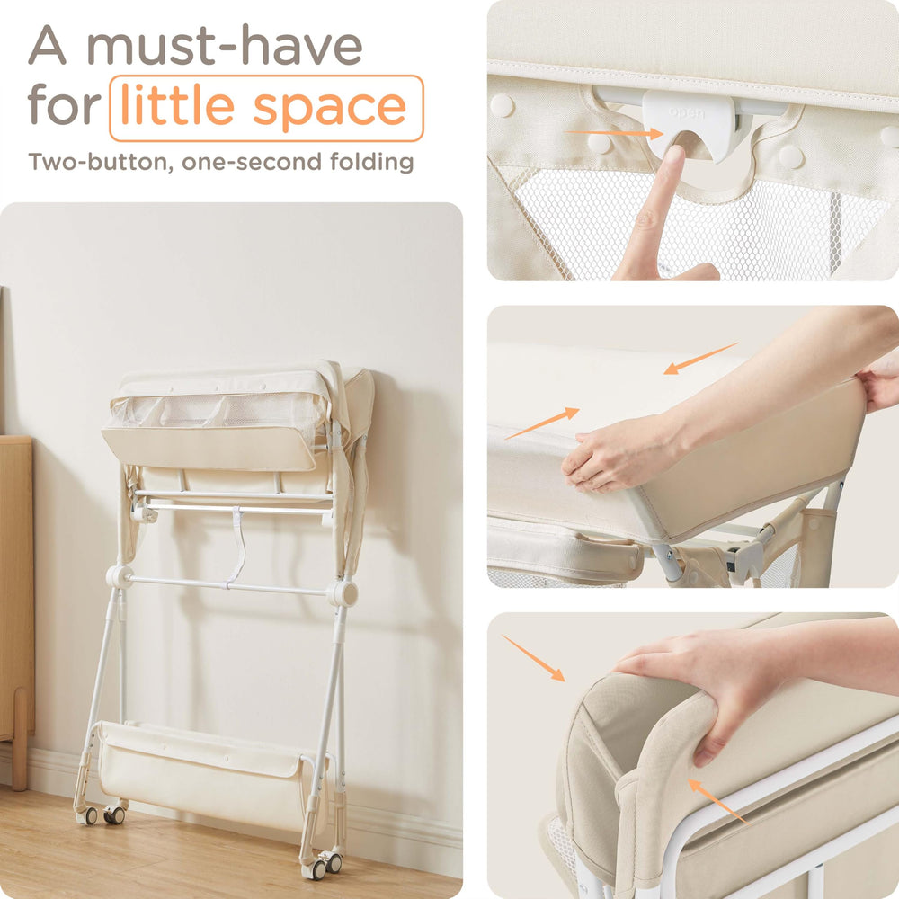 KUB diaper changing table with wheels rolls smoothly for quick room-to-room changes.