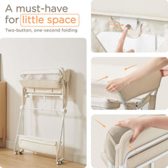 KUB diaper changing table with wheels rolls smoothly for quick room-to-room changes.