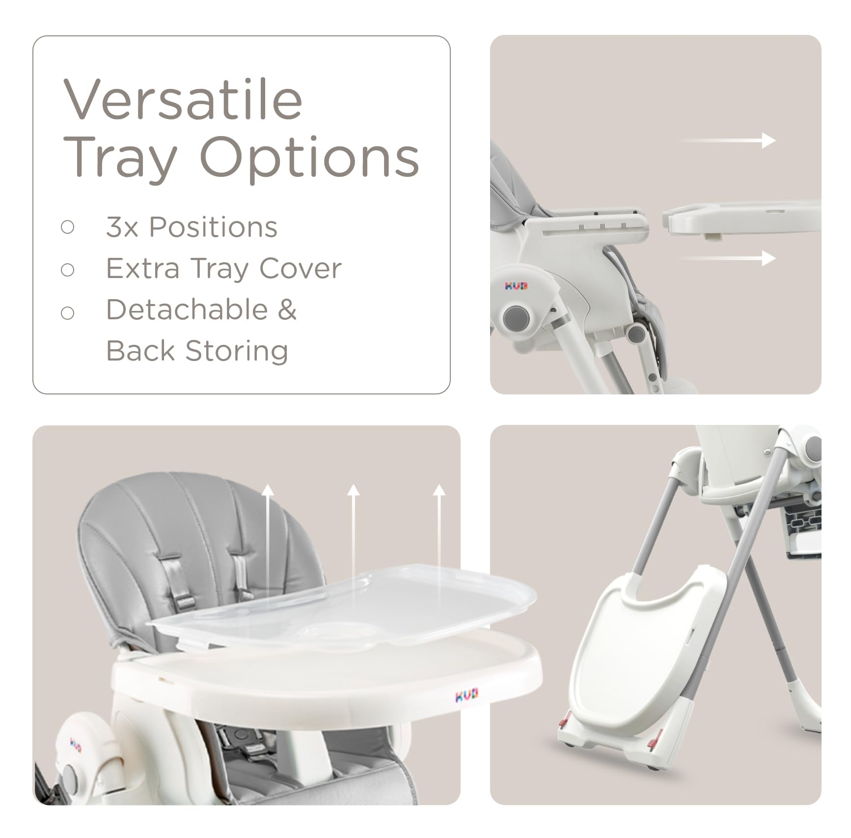 KÜB high chair grey four-recline positions demonstrate comfortable feeding angles