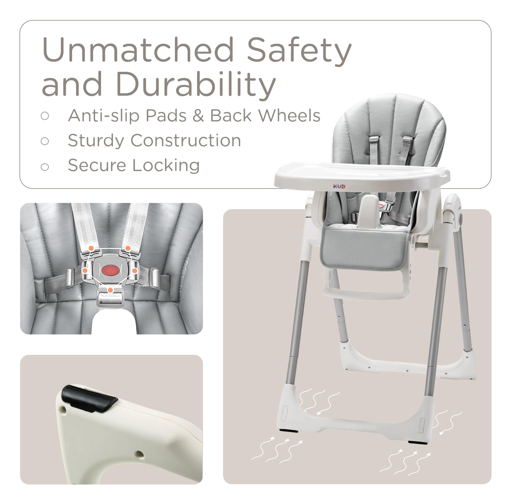 KÜB high chair grey 5-point harness for secure seating during feeding