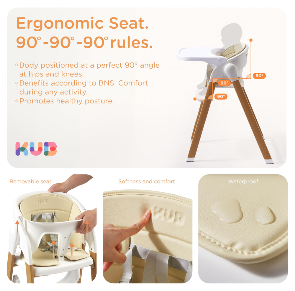 KUB high chair five-point harness emphasizes secure seating during meals