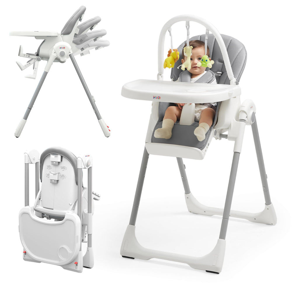 KUB foldable high chair with tray for easy feeding and cleaning.