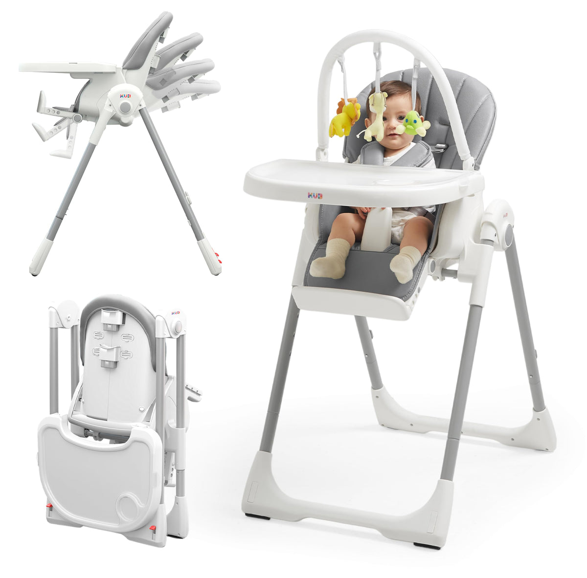 KUB foldable high chair with tray for easy feeding and cleaning.