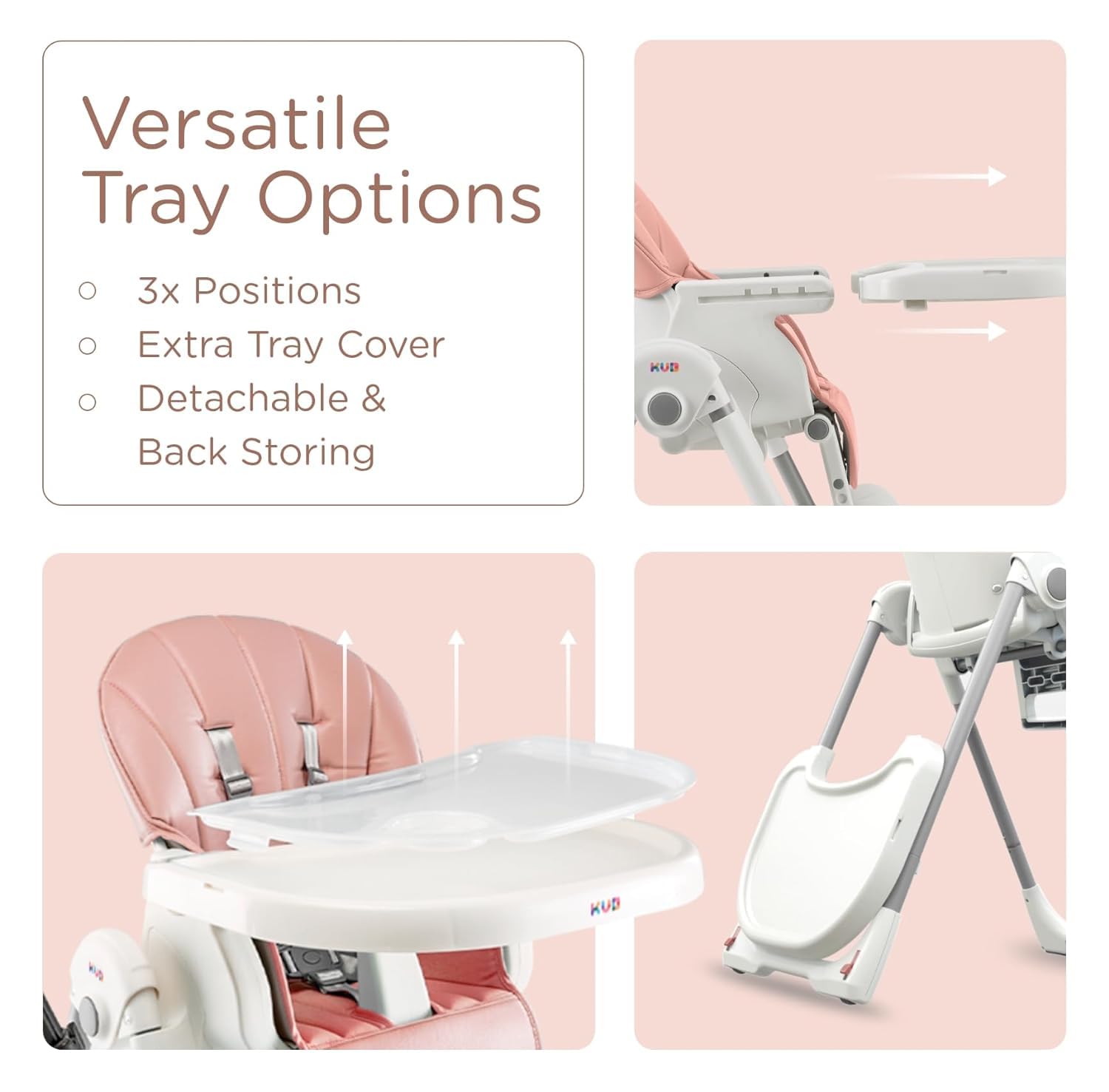 KUB high chair folds easily for compact storage.