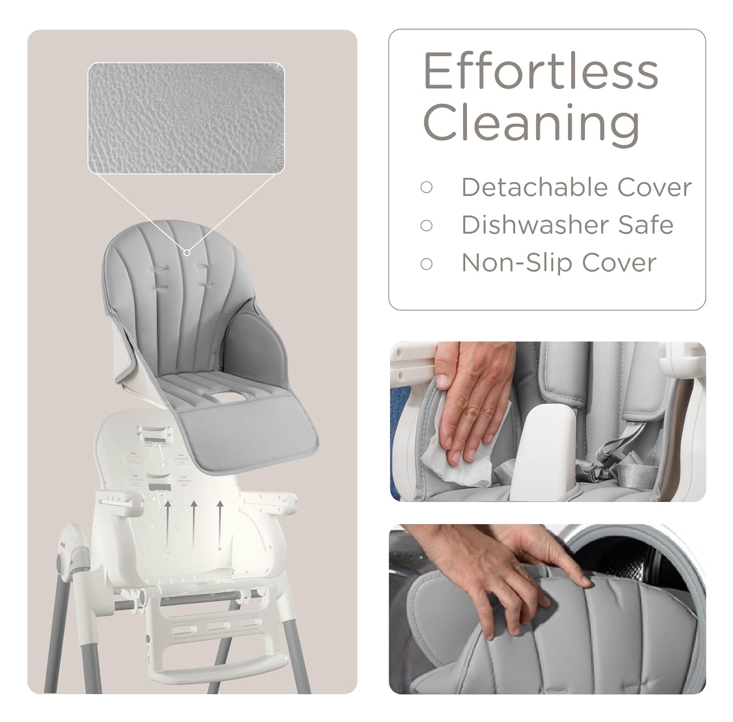 KUB high chair with multiple recline positions for comfort.
