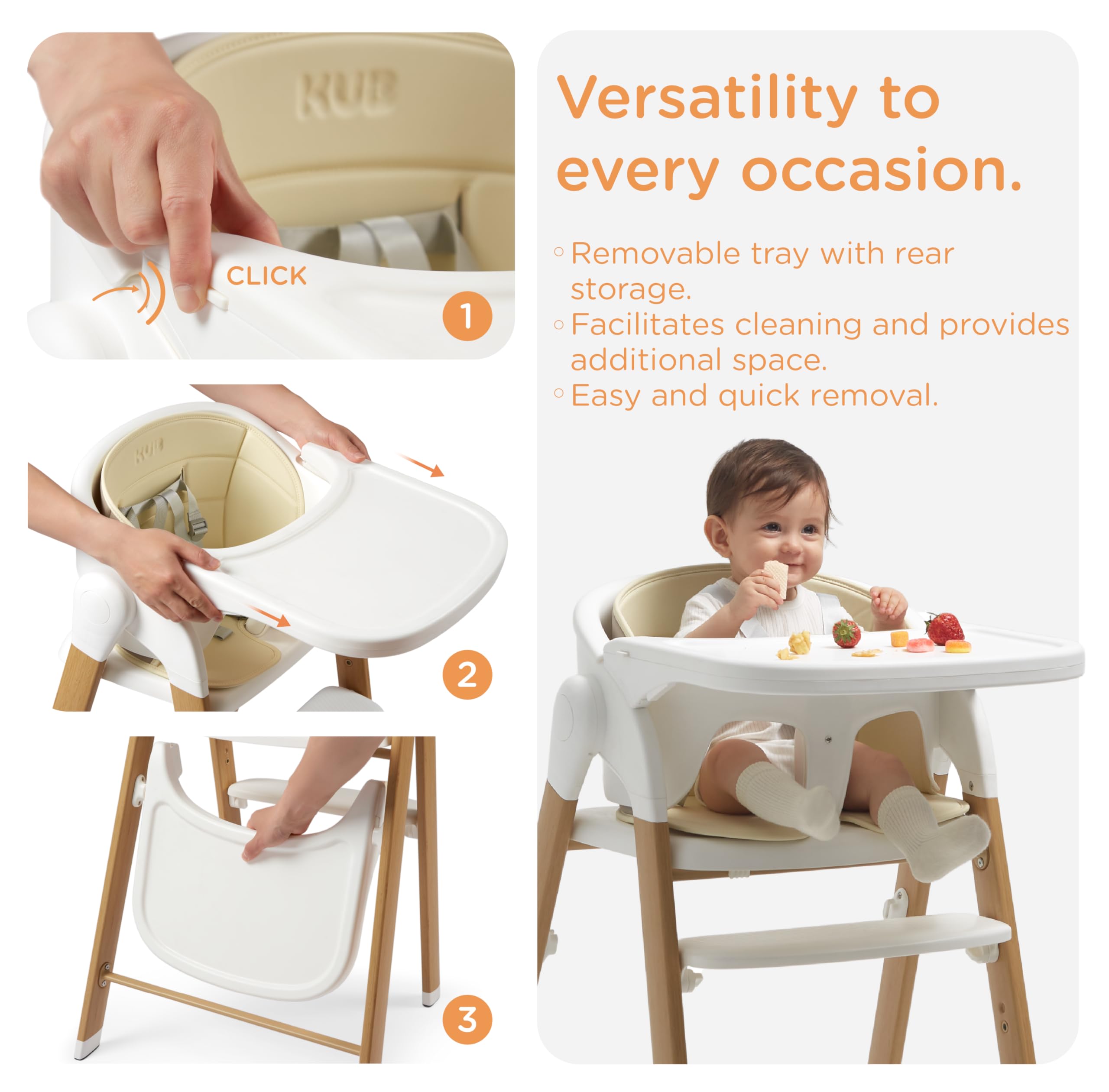 KUB high chair removable tray enables quick cleaning and flexible feeding