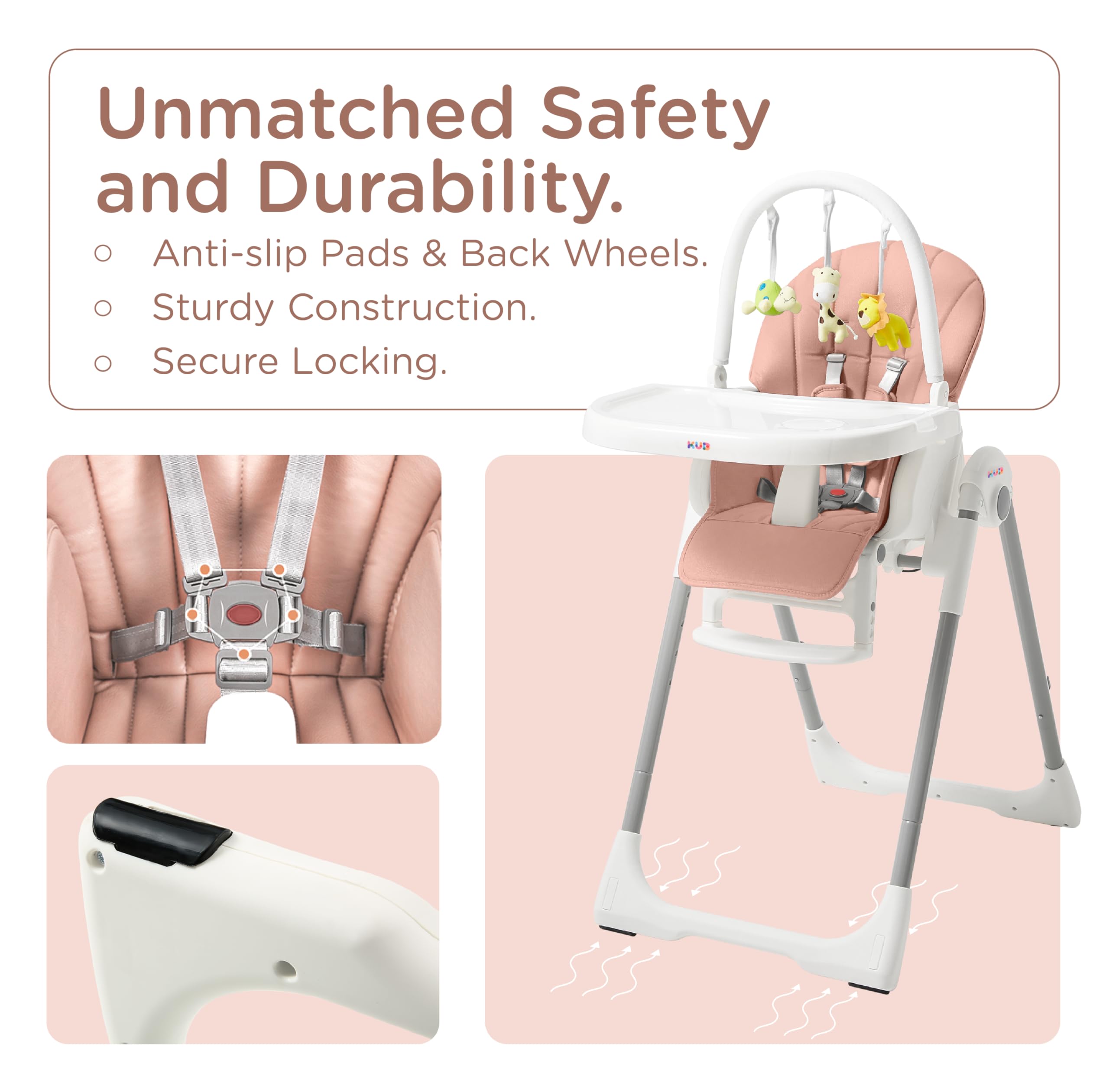 KUB high chair four tilt positions for feeding versatility.