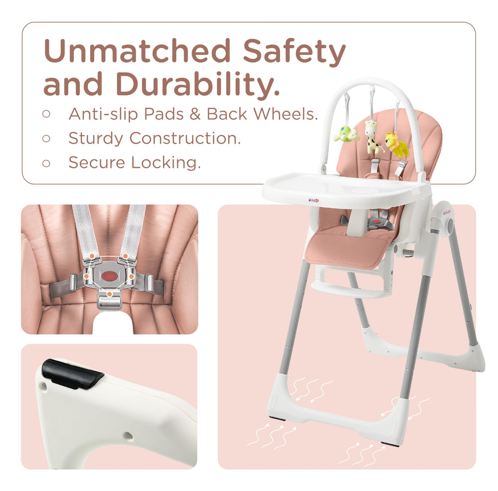 KUB high chair four tilt positions for feeding versatility.