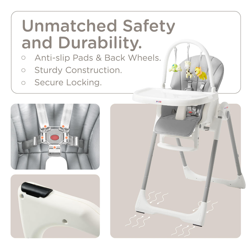 KUB high chair tray removable for sink-clean convenience.