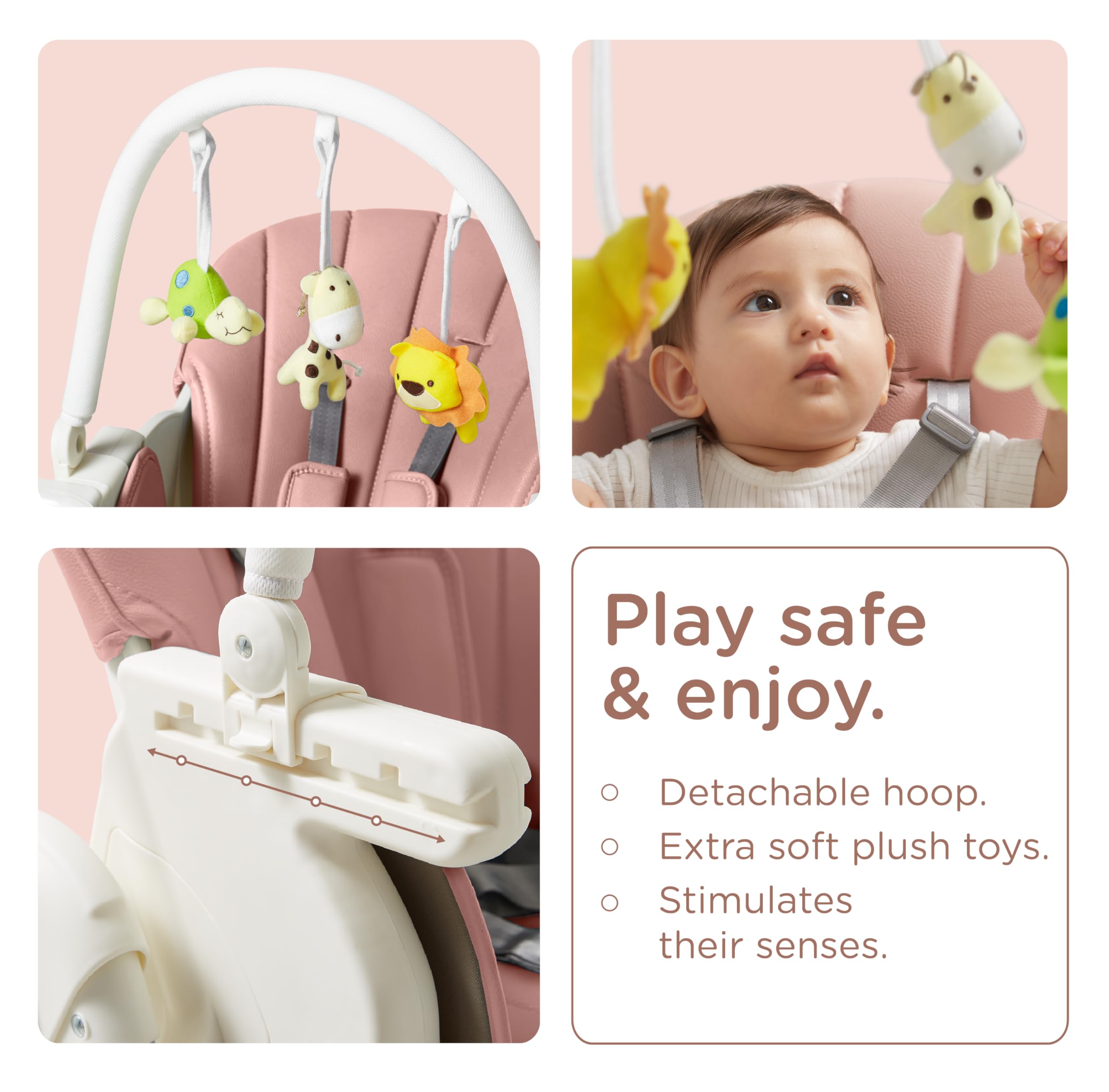 KUB high chair two locking wheels enable easy relocation.