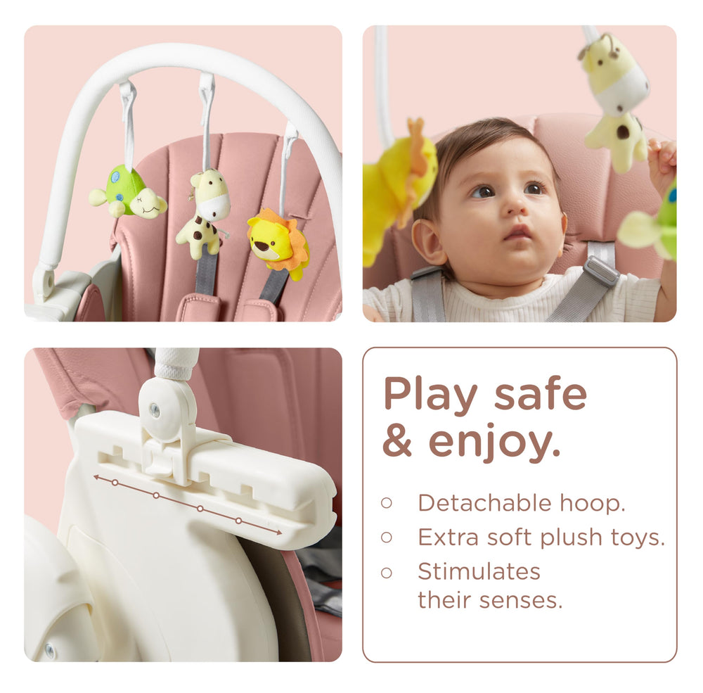 KUB high chair two locking wheels enable easy relocation.