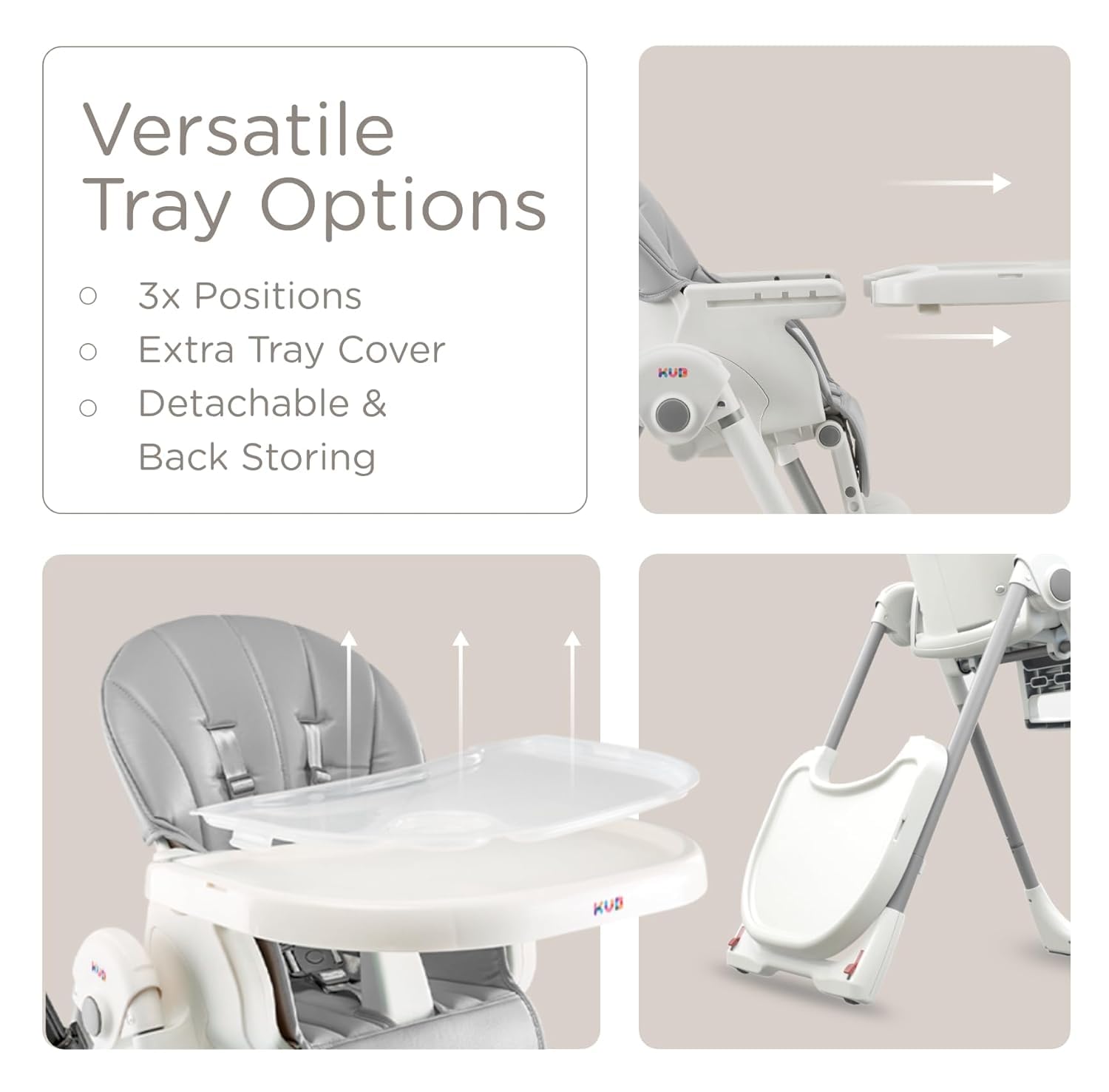 KUB high chair with locking wheels for safe mobility.