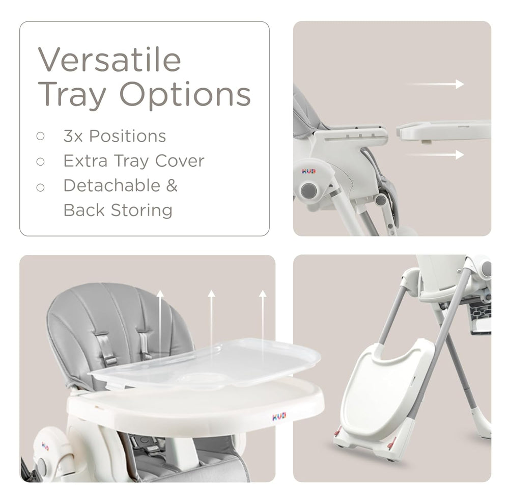 KUB high chair with locking wheels for safe mobility.